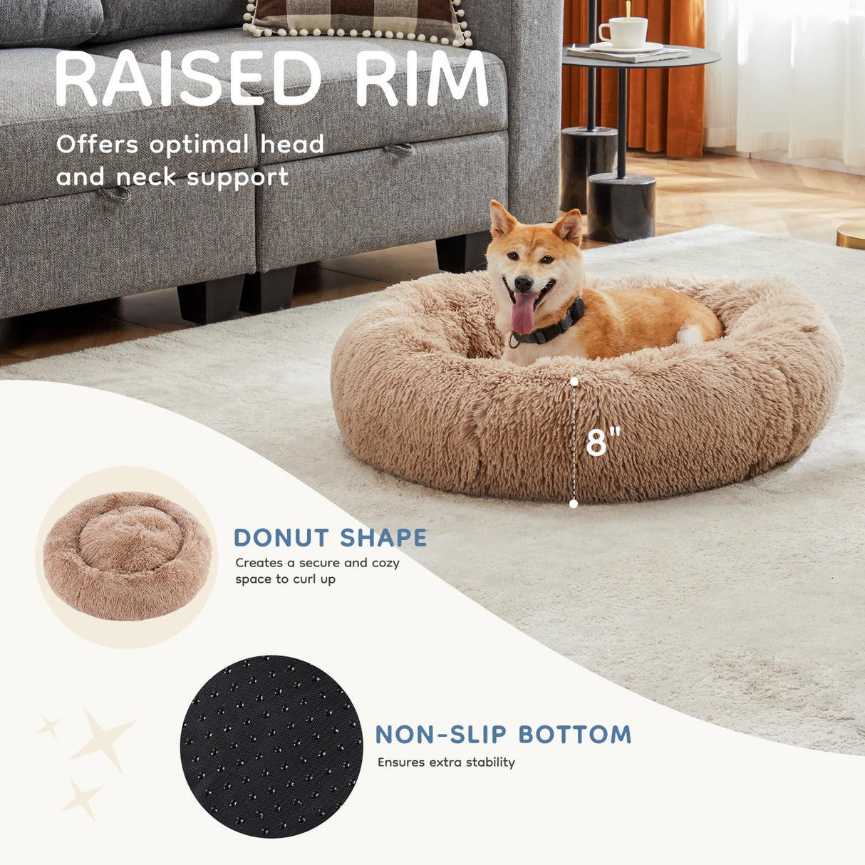 DUMOS 37.4x37.4 Inch Calming Donut Dog Beds for Large Dogs, Machine Washable Cuddler Warming Cozy Fluffy Faux Fur Plush Round Pet Bed Medium Sized Bed for Indoor Dogs and Cats, Brown