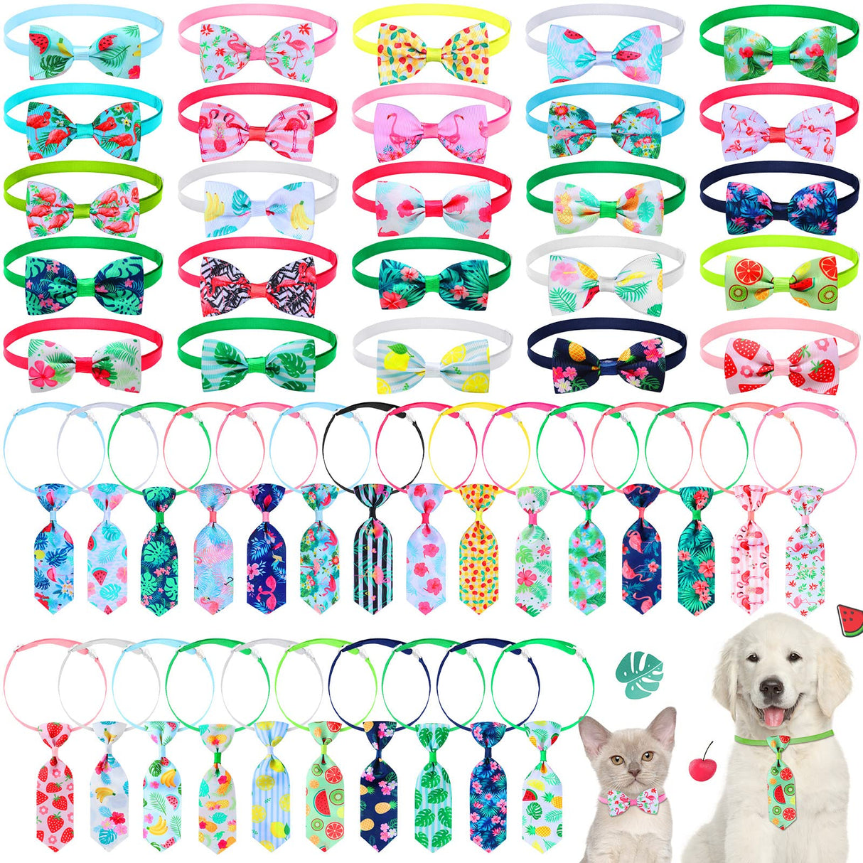 Saintrygo 50 Pcs Dog Bow Ties Collars Set Include 25 Dog Neckties and 25 Puppy Bowties, Adjustable Pet Ties Grooming for Small Medium Large Cats Pets Supply Hawaii Summer Accessories