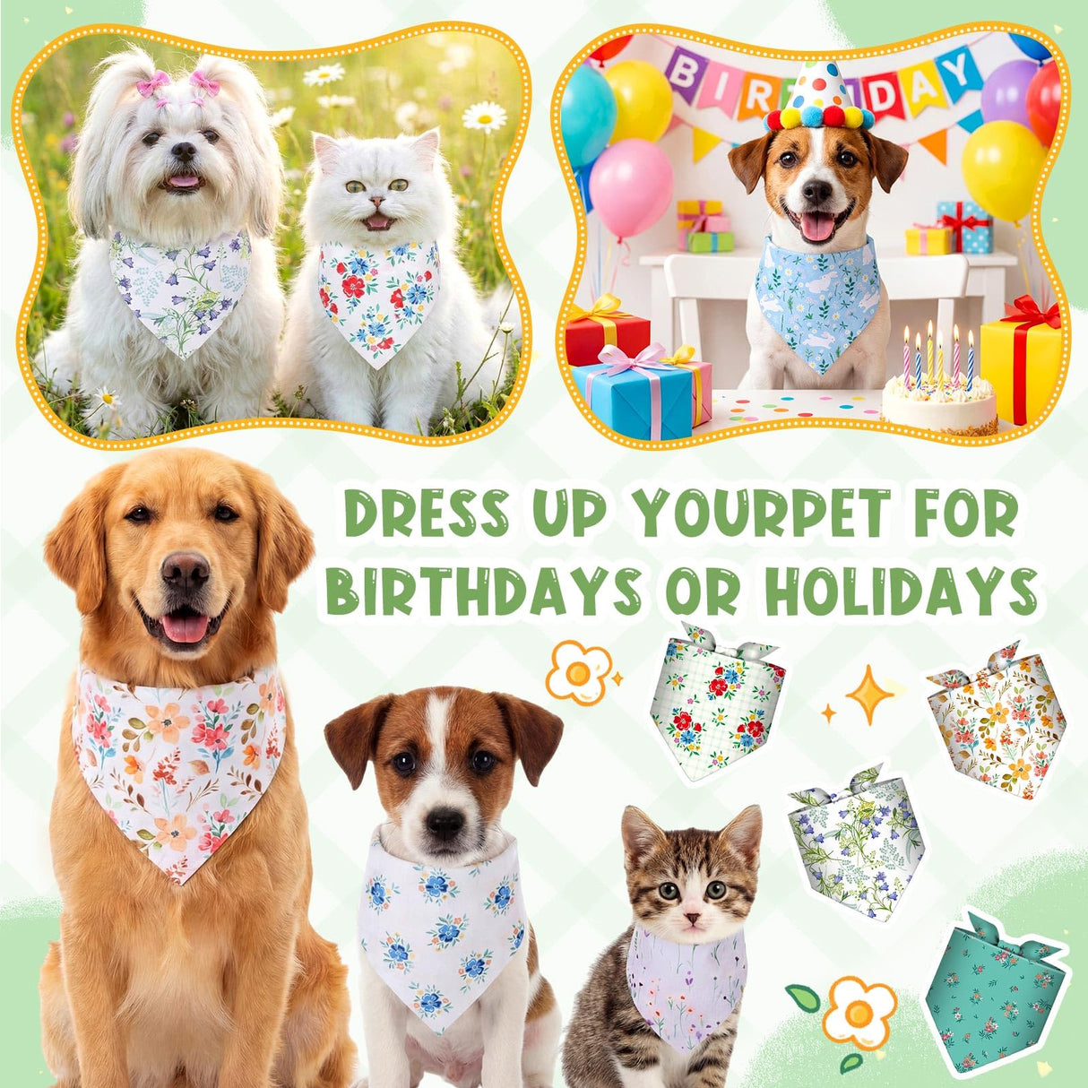 Bulyoou 120 Pcs Spring Dog Bandanas Bulk Floral Printing Pet Bandanas Dog Handkerchiefs Spring Scarf Bibs Triangle Bibs Adjustable Kerchief Pet Grooming Costume Accessories