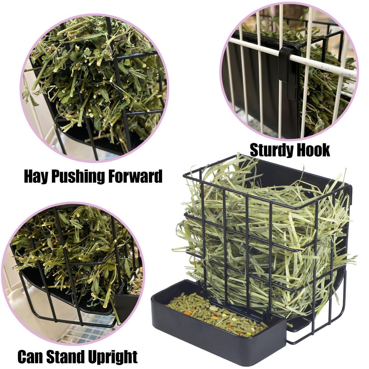 Rabbit Hay Feeder Guinea Pig Hay Feeder, Hay and Food Holder with Hook Heavy-Duty Metal Frame Hay Rack,for Bunny, Guinea Pigs,Chinchillas, Comes with Two Multifunctional Zippers-6.8x6.7x6.6inch
