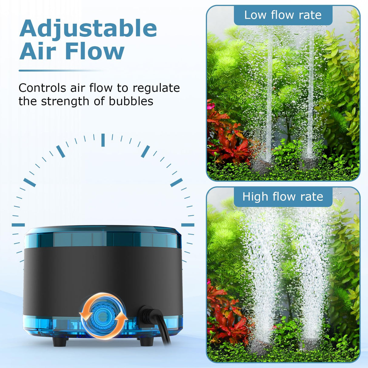 hygger Aquarium Air Pump Dual Outlet, Quiet Powerful Fish Tank Aerator 4W/8W, Adjustable Oxygen Pump with Air Stone, Bubbler for Fish Tank Up to 200 Gallon