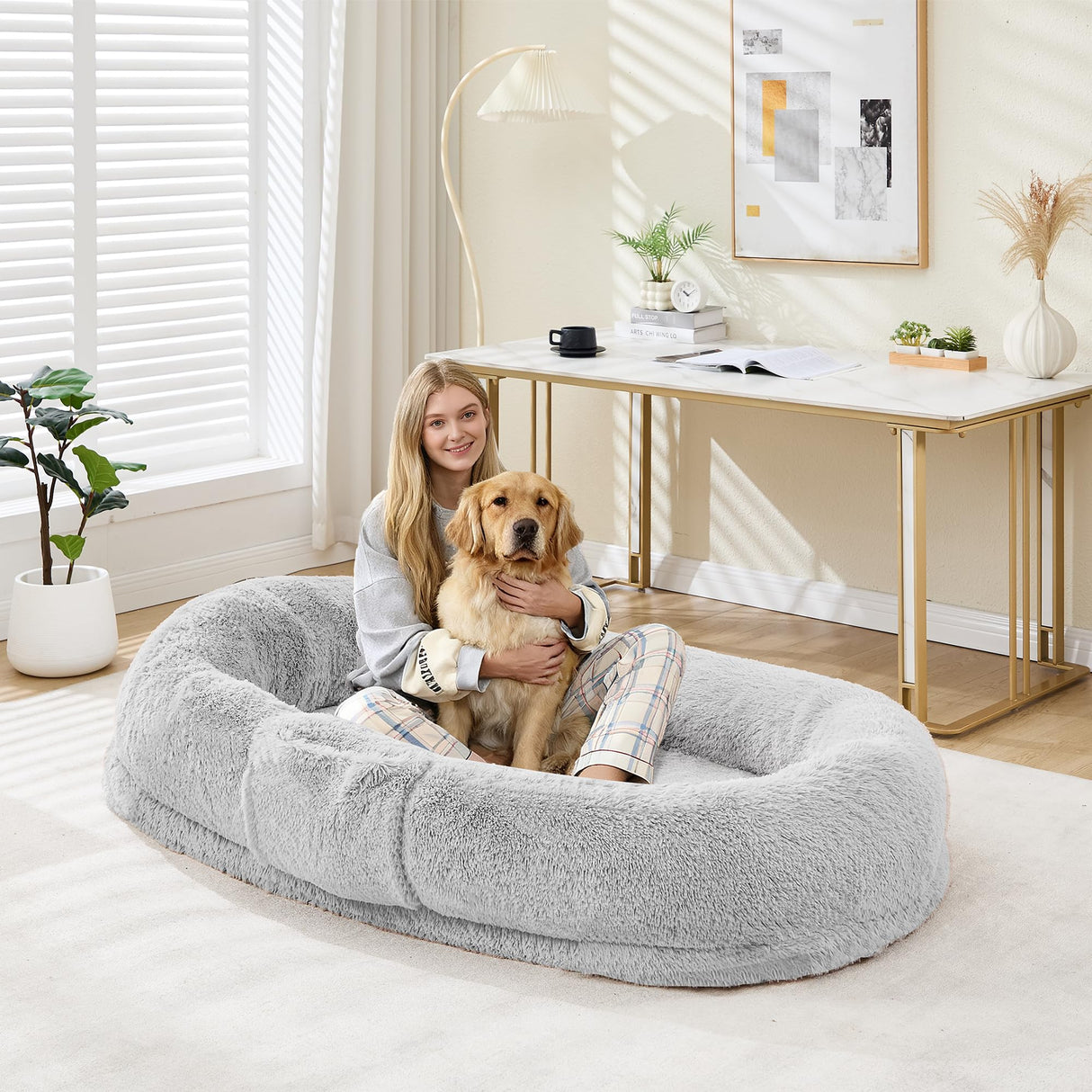 Human Dog Bed for Adult, 64.9" x 41.3" Large Giant Orthopedic Memory Foam Nap Bed for People Pets, Washable Faux Fur Cover with Side Pocket Waterproof for Anxiety Relief
