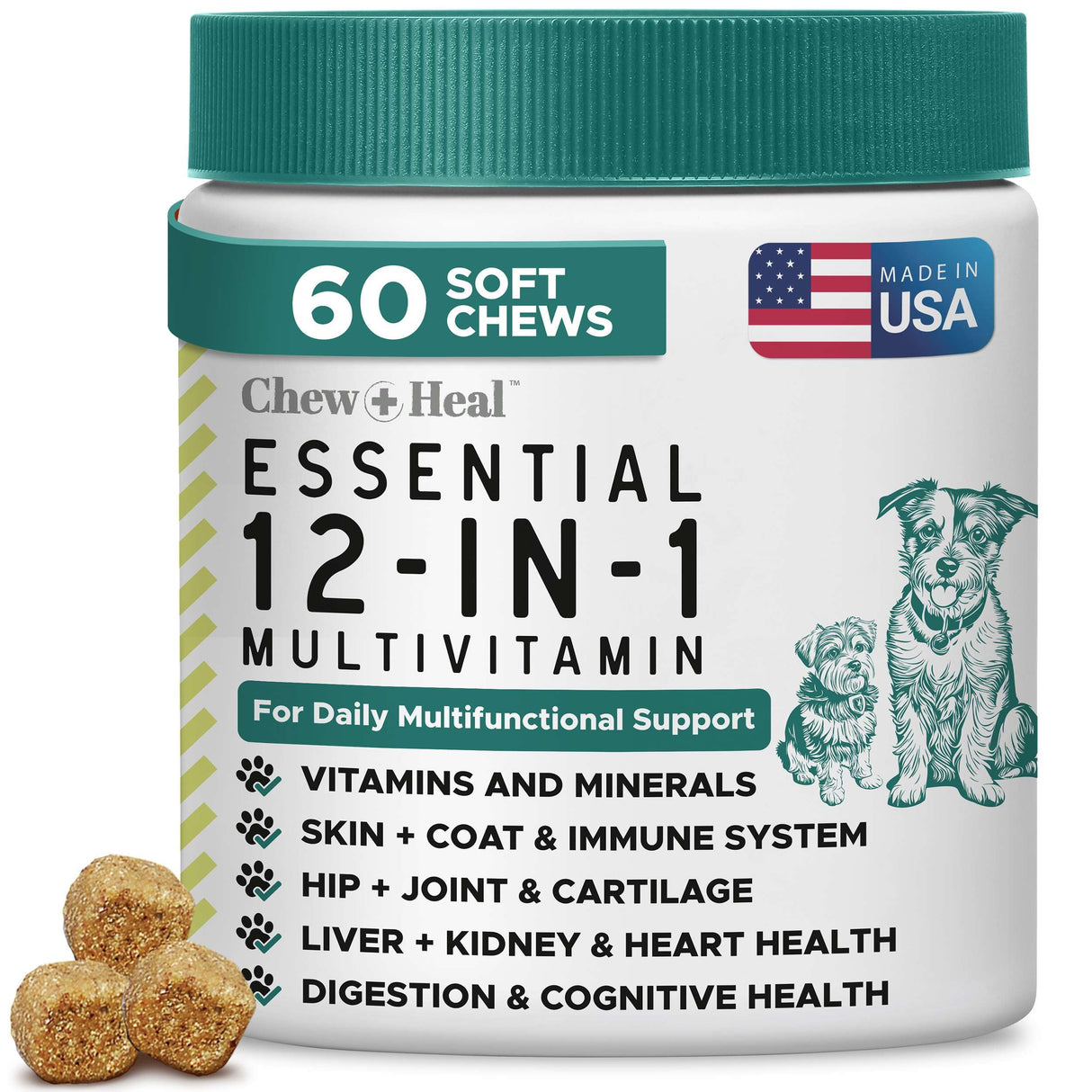 12-in-1 Multivitamin for Dogs - 60 Puppy and Senior Dog Vitamin and Supplement Soft Chews for Hip and Joint - Advanced Formula with Glucosamine, Omega 3,6,9, Vitamins, Probiotics, and More