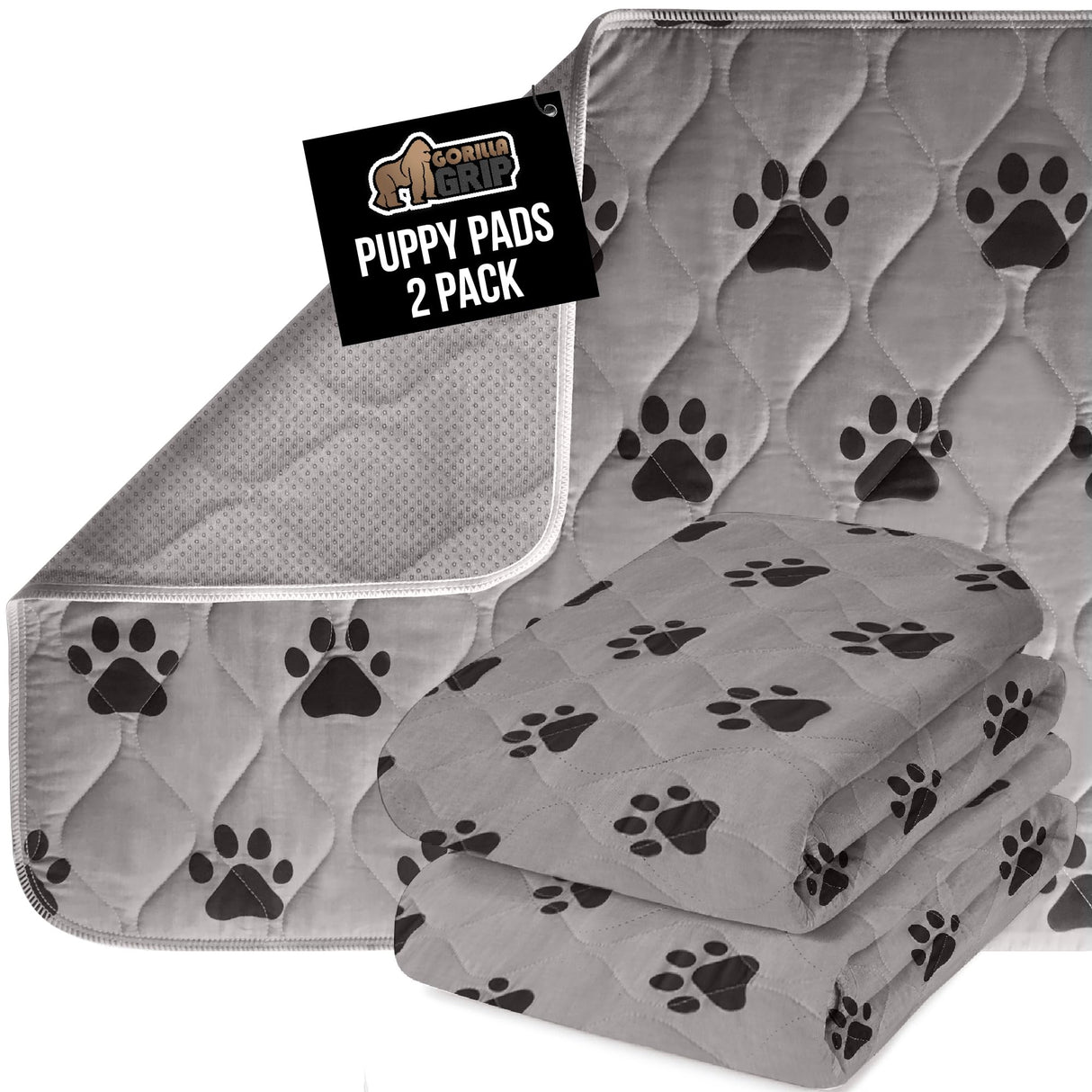 GORILLA GRIP Washable Puppy Pads, Slip Resistant Dog Crate Mat, Waterproof Cloth Pee Pad for Training Puppies in Playpen, Reusable Pet Incontinence Blanket, Protects Sofa, Furniture, 22x16 Pack of 2