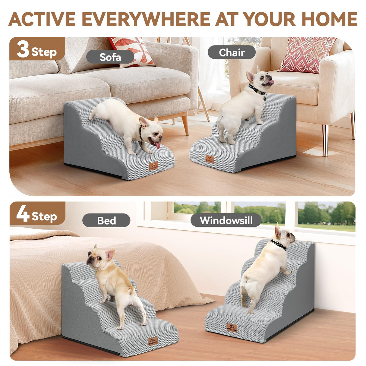 Zerbuger Dog Ramp and Stair for Bed 16" H-20 H,3-Step Cat Stair for Sofa and Chair,4-Step Dog Ramp for High Bed and Window,Durable Nonslip Fabric Cover for Indoor (Light Grey-20 H, Pet Friendly, 4)
