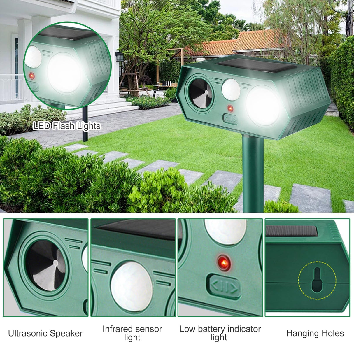 2025 Solar Animal Repellent,Upgraded Ultrasonic Cat Repellent Outdoor,Waterproof Deer Deterrent for Bird Dog Skunk,Squirrels Deterrent with Motion Detection Flash Lights for Outdoor and Yard (2 Pack)