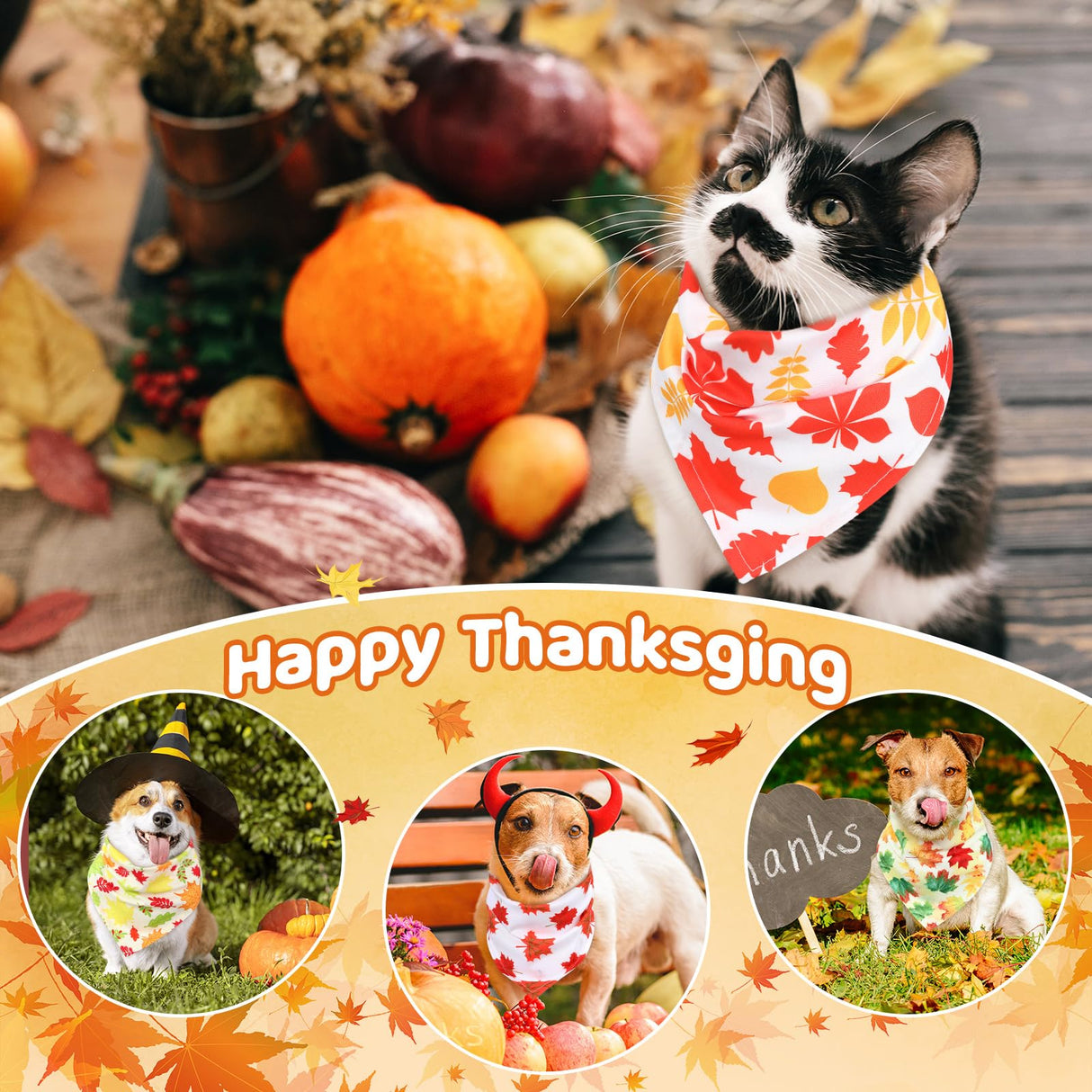 Sweetude 200 Pieces Fall Dog Bandanas Bulk Thanksgiving Day Bandanas for Dogs, Pumpkin Maple Leaves Pattern Pet Triangle Scarf Puppy Dog Kerchief Bibs for Autumn Holiday Costume Accessories Decoration