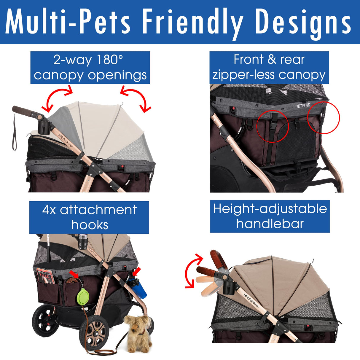 HPZ Pet Rover Titan-HD Premium Super-Sized Dog/Cat/Pet Stroller SUV Travel Carriage/w Access Ramp/100Lbs Capacity/Pumpless Rubber Wheels/Aluminum Frame for Small, Med, Large, XL Pets (Taupe)
