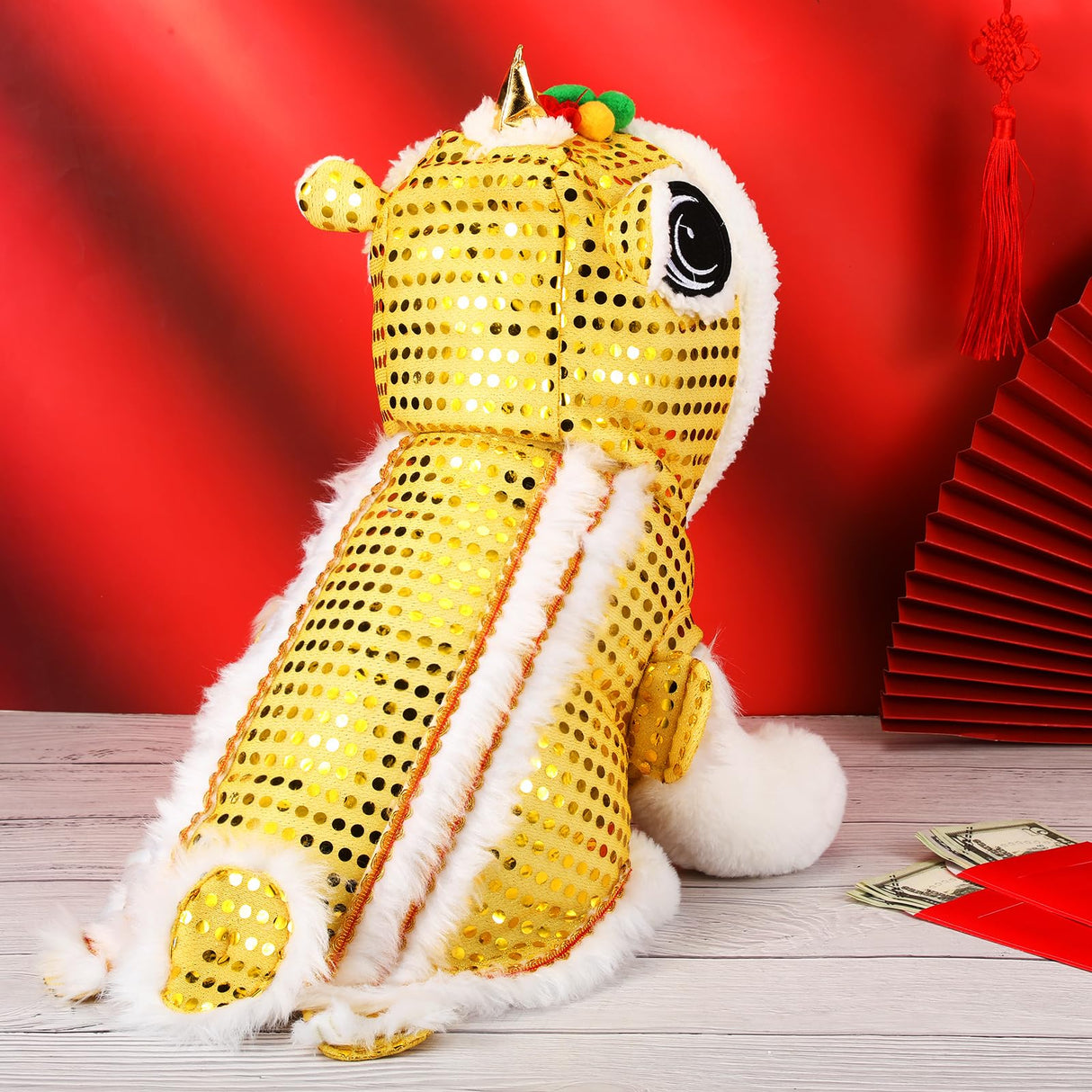 LEIFIDE Lion Dance Dog Costume Chinese New Year Pet Costume with Sequins Chinese Lion Dance Cloth Dog Clothes Hoodies Coat for pet New Year Spring Festival Dress up(2X-Large,Gold)