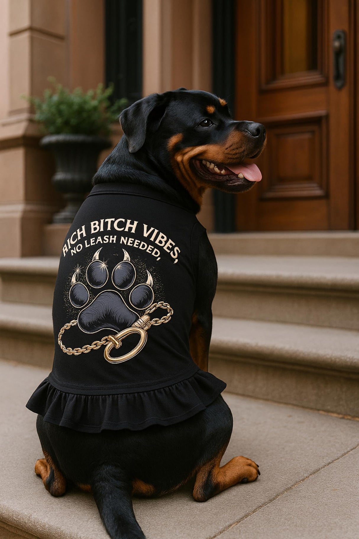 Rich Vibes Luxury Dog T-Shirt Dress – Soft Cotton Blend Designer Pet Outfit for Confident Dogs, Breathable Fashion Tee Dress for Large Breeds, Premium Everyday Dog Apparel (Black, 5XL)