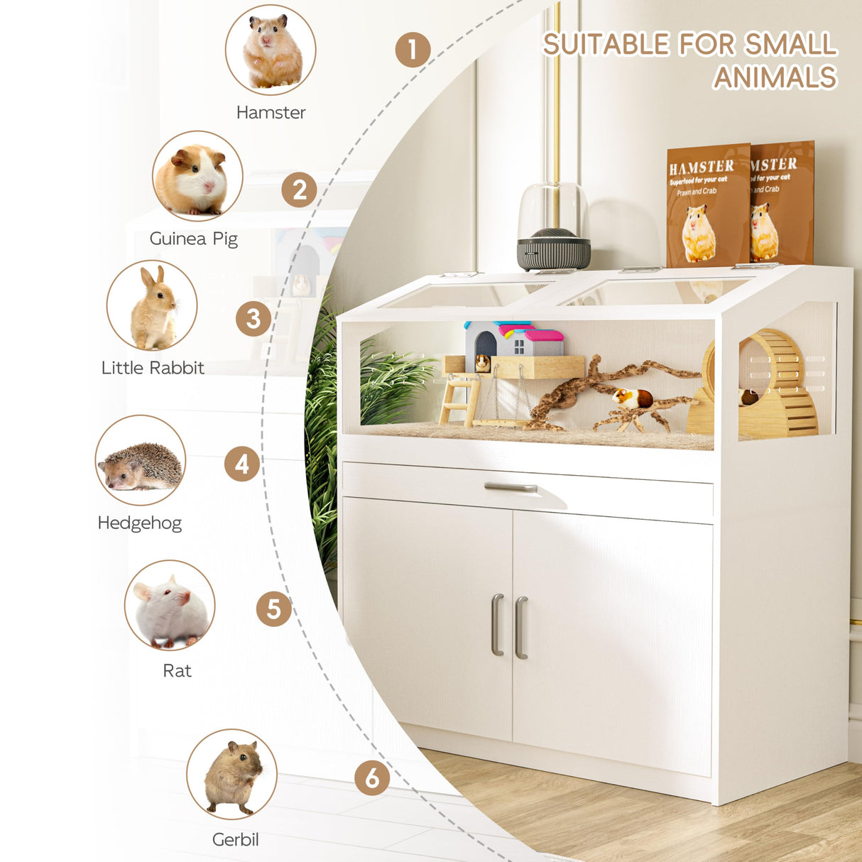 Betterhood Hamster Cage with Storage Cabinet, Guinea Pig Cage for Small Animals, Large Hamster Cage and Habitat with Easy View Acrylic Panels for Hamster, Rabbit, Guinea Pig, Hedgehog (39"x19"x40")