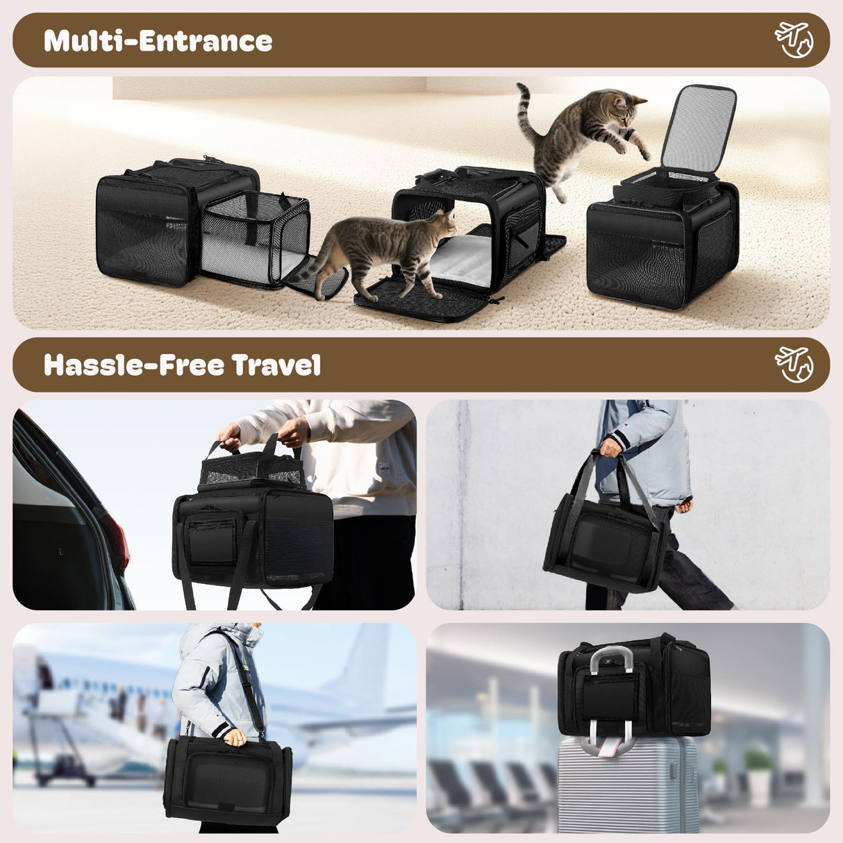 Top and 2 Sides Expandable Cat Carrier 18x11x11, TSA Airline Approved Dog Carriers for Small Dogs, Soft-Sided Pet Carrier with Self-Locking Zippers for Kitten,Rabbit, Puppy, Guinea Pig Black