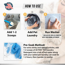 Load image into Gallery viewer, Pet Laundry Detergent Odor Remover - ACTIVE Enzyme Based Powder Detergent for Dogs Beds, Cat Pee, HE Washer Friendly Natural Enzymatic Deodorizer, Urine, Smell, Dog Drool, Stain Eliminator - 64 Loads
