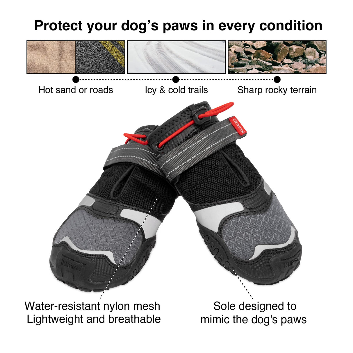 Kurgo Blaze Dog Boots - Protects Paws in All Seasons - Breathable Fabric - Water Resistant Dog Shoes - Dual Ankle Closure - Reflective Dog Boots - Includes 2 Shoes - Chili Red/Black - XXS