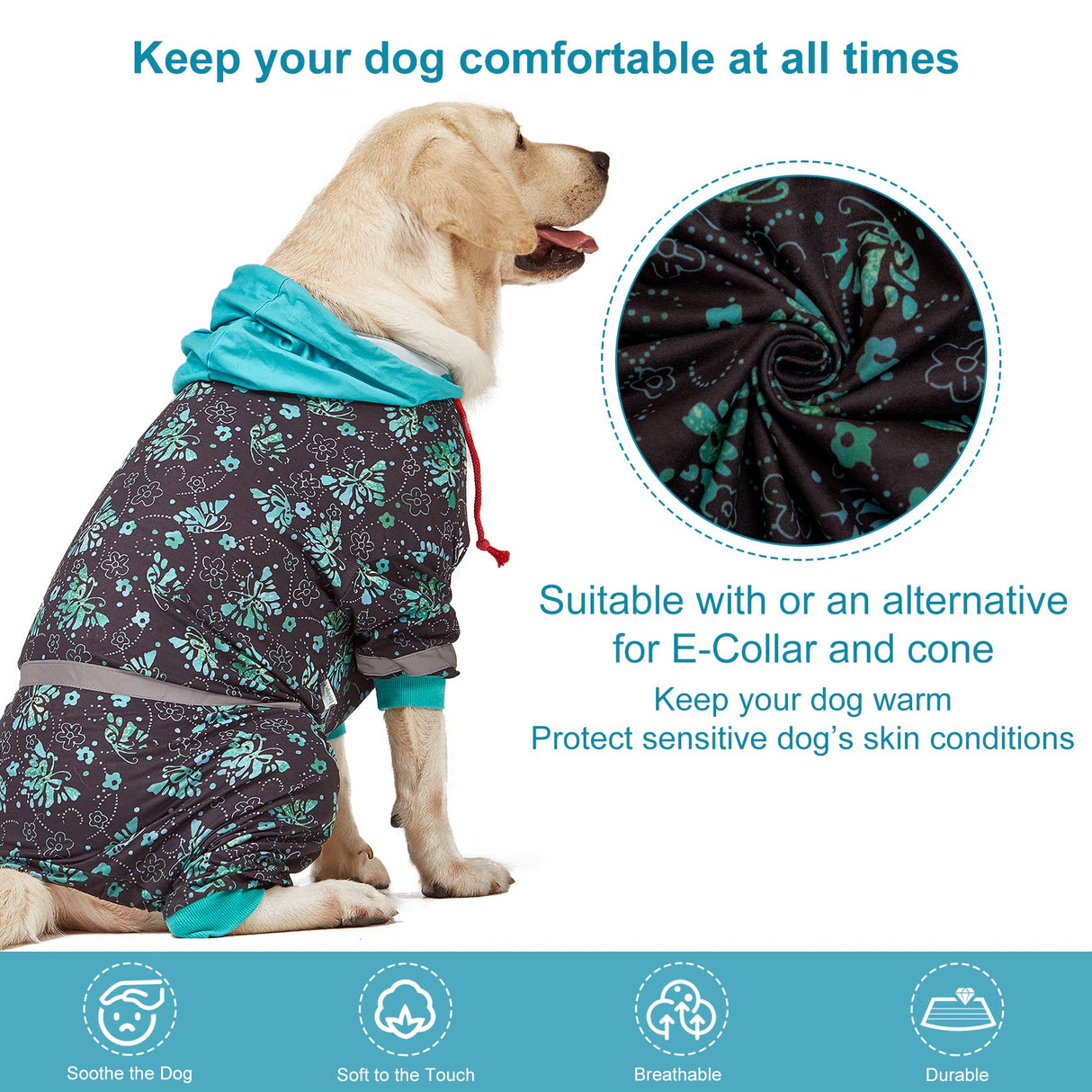 LovinPet Large Breed Dog Onesie Pajamas - UV & Wound Care, Dog Anxiety Relief, Dog Jammies, Reflective Stripe, Butterflies and Rings Black/Green Print, Post Surgery Pet PJ's /3XL