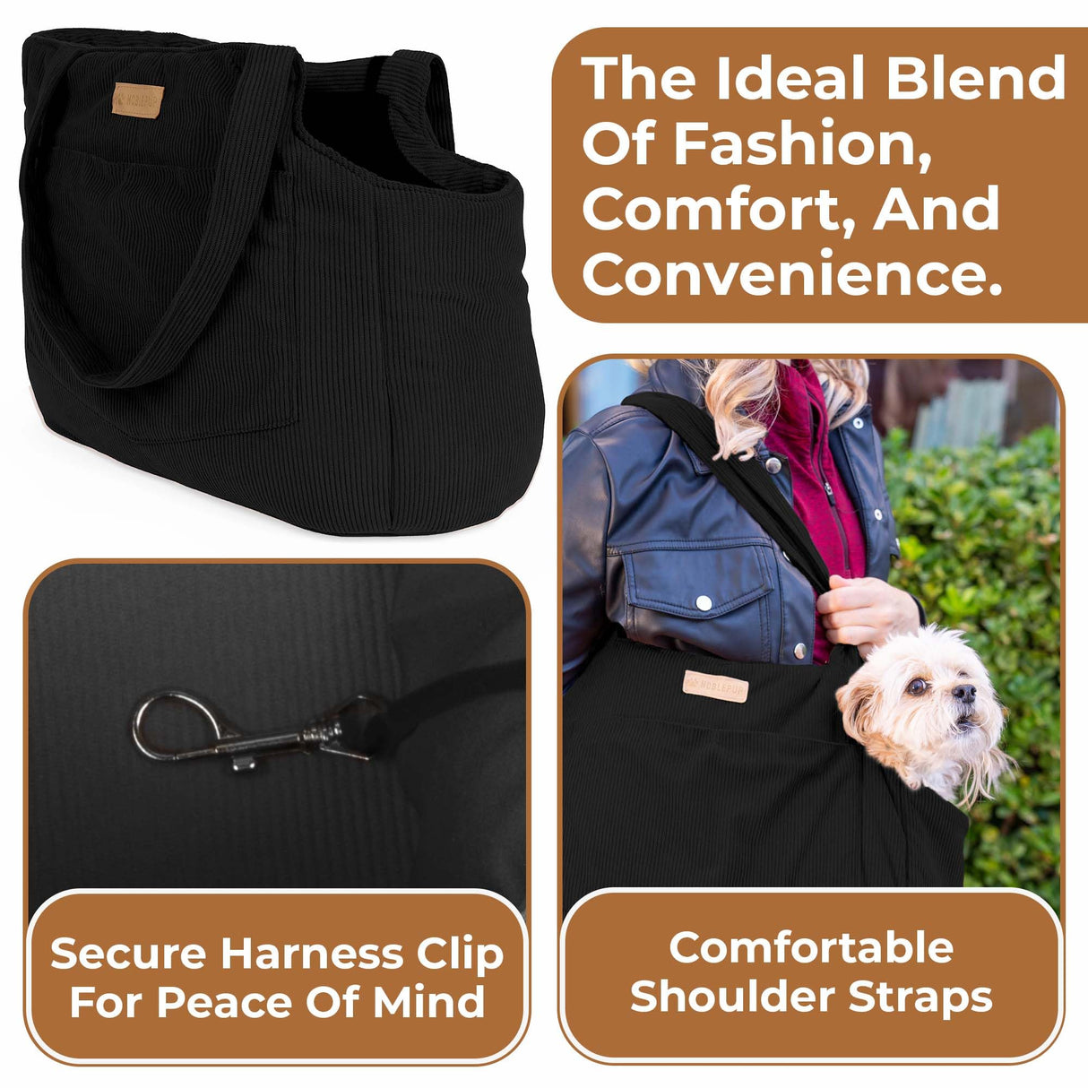 NoblePup Plush Corduroy Dog Purse Carrier for Small Dogs – Soft Dog Tote with Safety Harness Clip, Lightweight Travel Bag for Puppies and Small Pets (Brown)