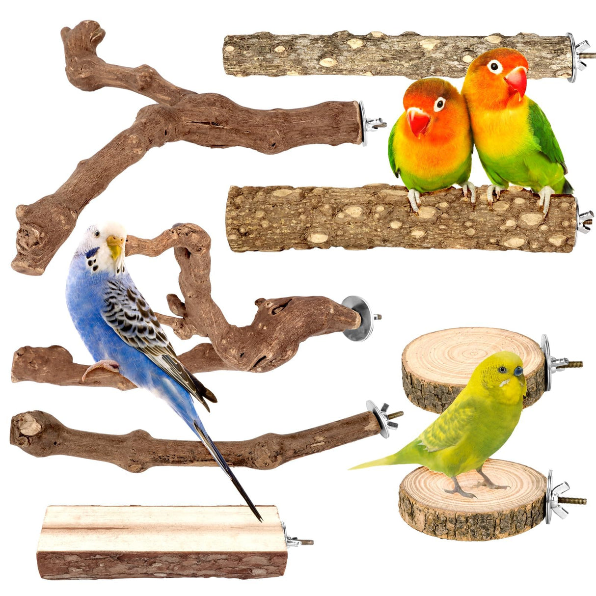 CZWESTC 8PCS Natural Grape Wood Bird Perch Set - Parrot Cage Stand with Paw Grinding Forks, Chewing Sticks & Exercise Branches for Parakeets, Cockatiels, Conures, Budgies, Finches