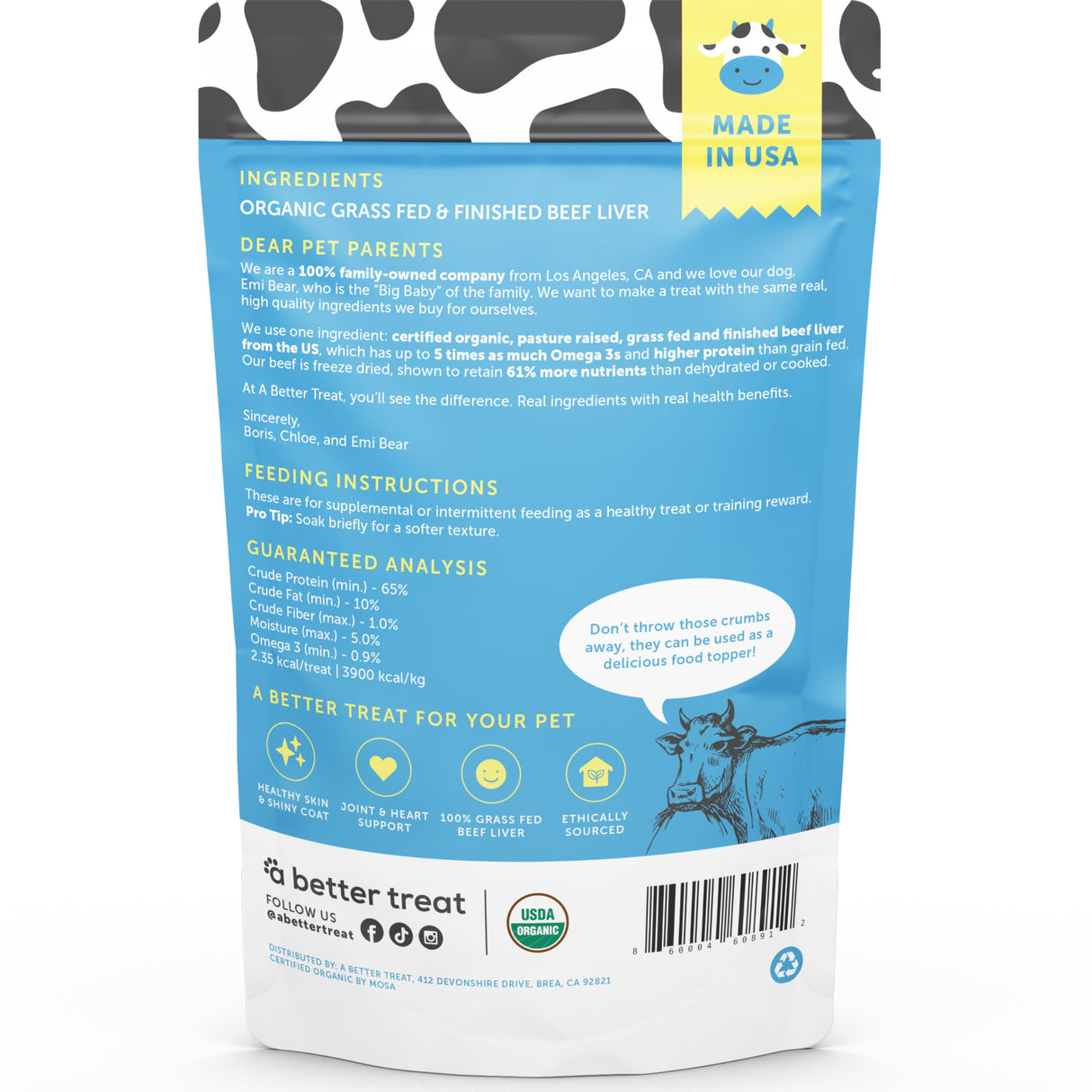 A Better Treat – Organic, Freeze Dried, Single Ingredient, 100% Grass Fed and Finished Beef Liver Dog Treats, Cat Treats | Natural Healthy | Grain Free, High Protein, Diabetic Friendly | Made in USA