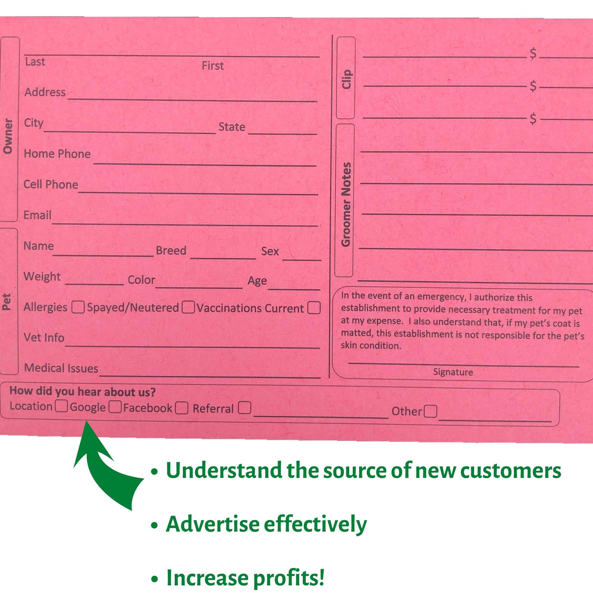 Pink Dog Grooming Client Cards 4X6 (100 Pack, 4 X 6 Inches) Client Information Clip Cards for Pet Groomer, Kennels, and Veterinarians