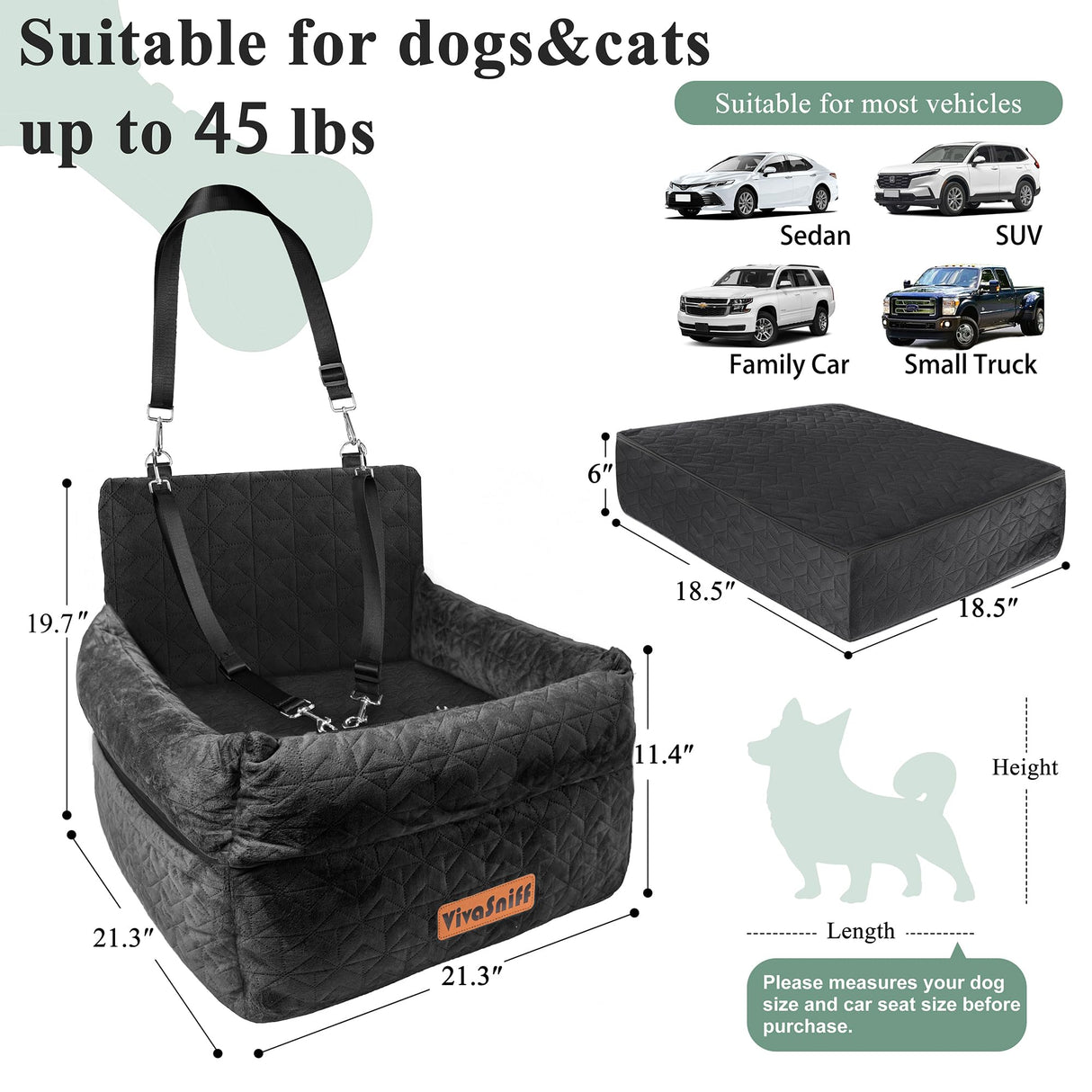 Dog Booster Car Seat for Small/Medium Dogs, VIVASNIFF 6 Inches Memory Foam Elevated Dog Pet Car Bed up to 45 lbs with 2 Safety Belts, Leakproof, Detachable and Washable (Black).