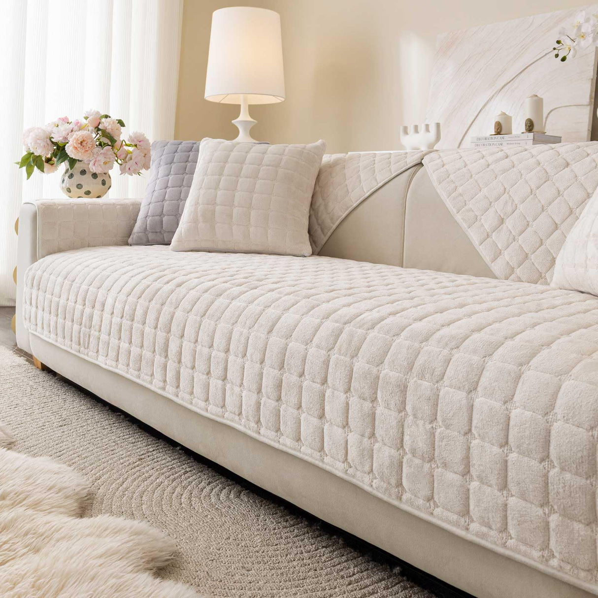 Aucrovee Velvet Washable Couch Cover for Pets Dogs, Non Slip Sectional Sofa Covers for 3 Cushion Couch Sofa L Sharped Sofa Slipcovers, Furniture Protector (1 PCS 36"x82", White)