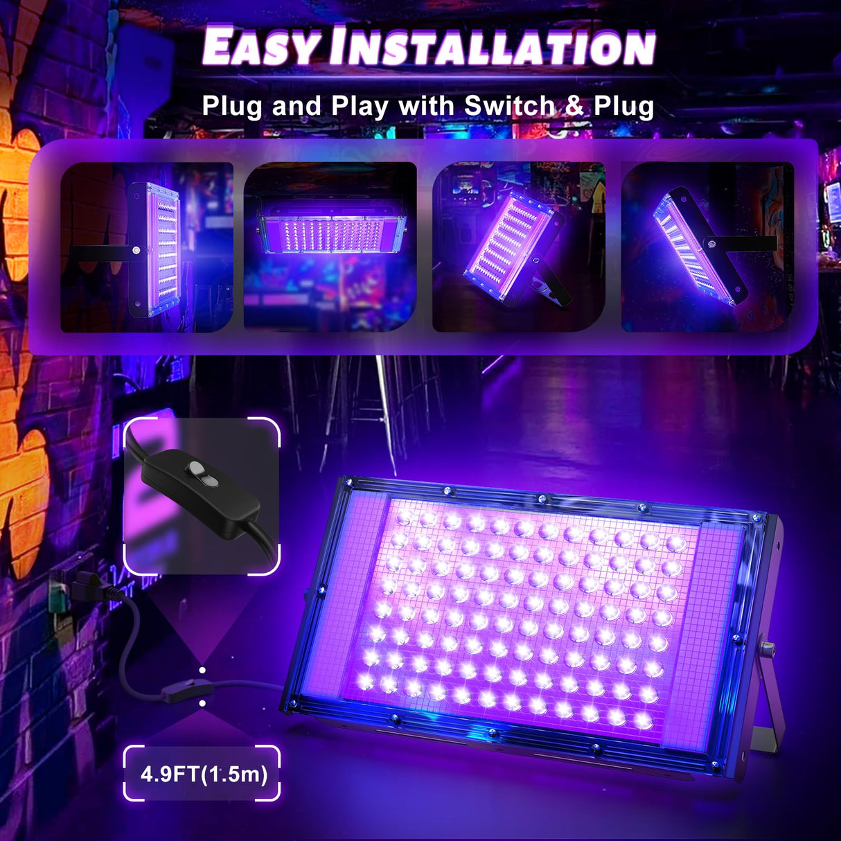 100W LED UV Black Light, Powerful UV Spotlight, IP66, 395nm UV Lamp for Christmas, Halloween Glow Party(1 Packs)