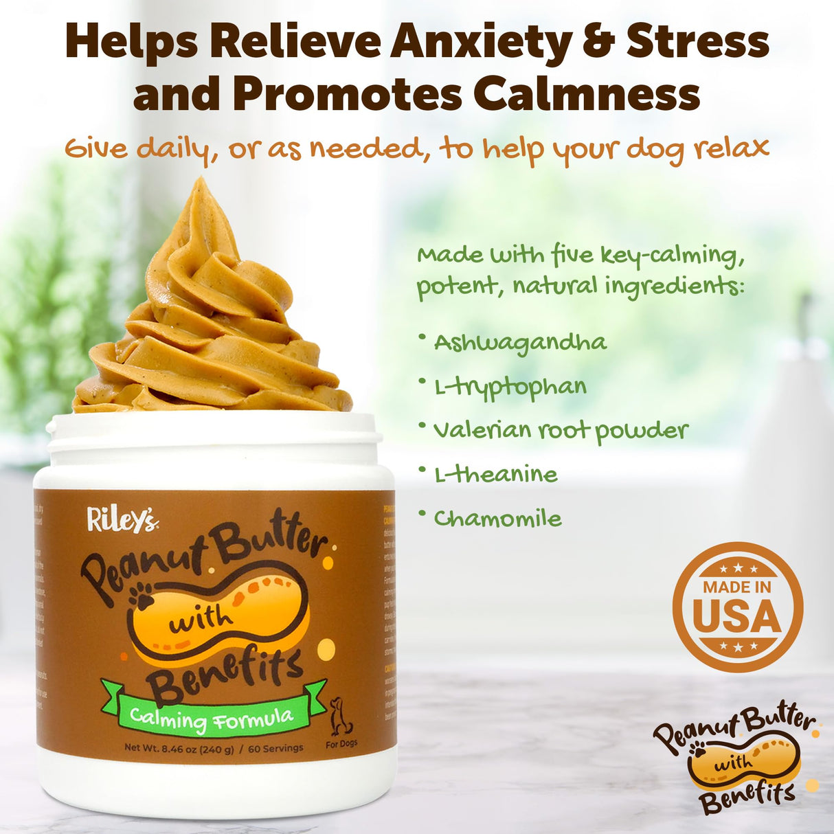 Riley's Calming Peanut Butter for Dogs - Dog-Safe Peanut Butter Calming Aid - Separation Anxiety Relief for Dogs - 8.46 oz