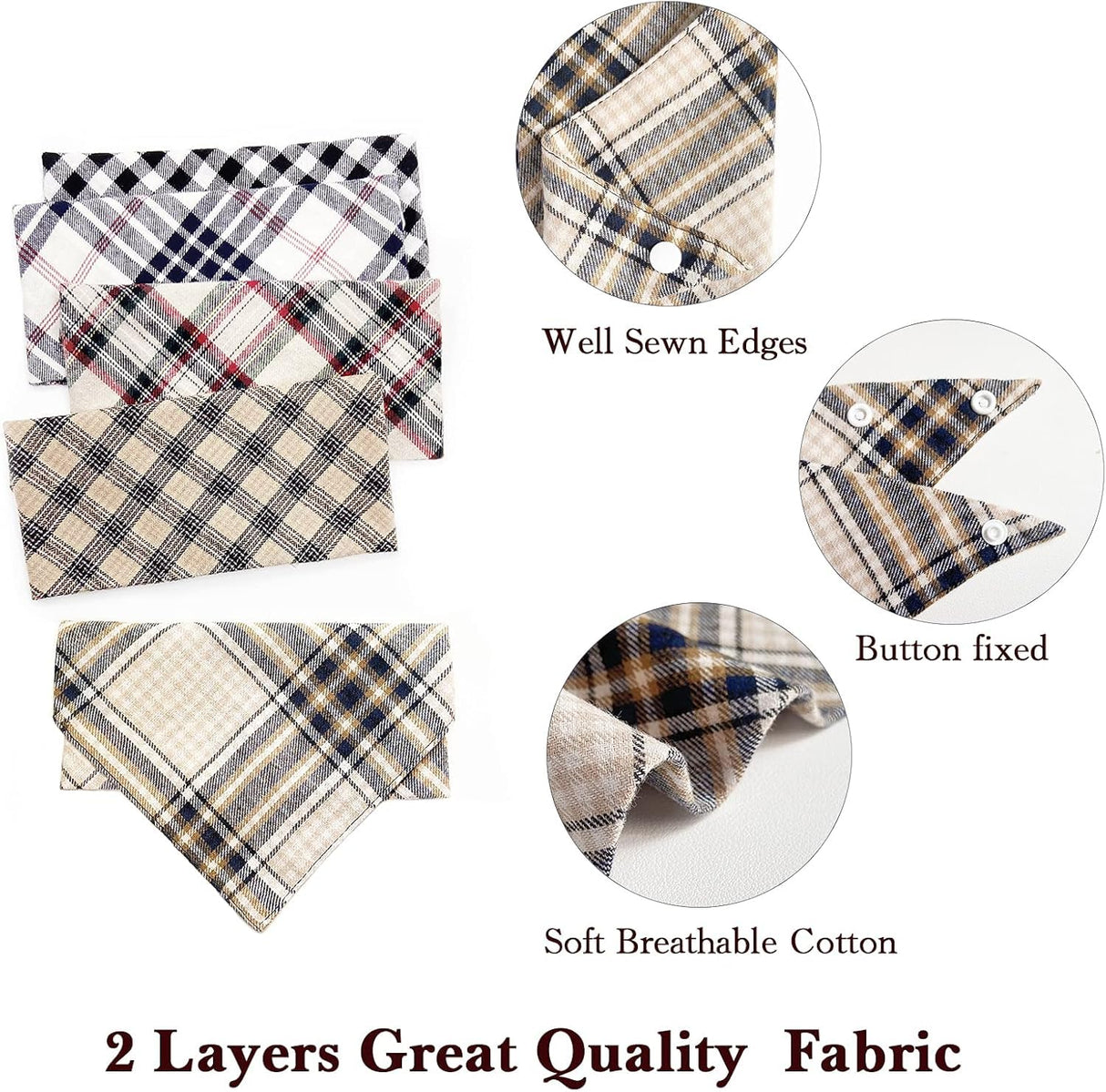 Spring 5PCS Dog Bandanas with Buttons - Thick Triangle Bibs Dual Layer Soft Cotton Scarf for Small Medium Large Boy Girl Puppy Cat Pet Plaid Kerchief Costumes Outfits