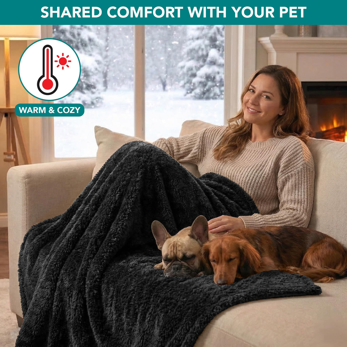 PetAmi Fluffy Waterproof Dog Blanket for Small Medium Dogs, Soft Warm Pet Sherpa Throw Pee Proof Couch Cover, Reversible Cat Puppy Bed Blanket Sofa Protector, Plush Washable Pad (Black, 29x40)