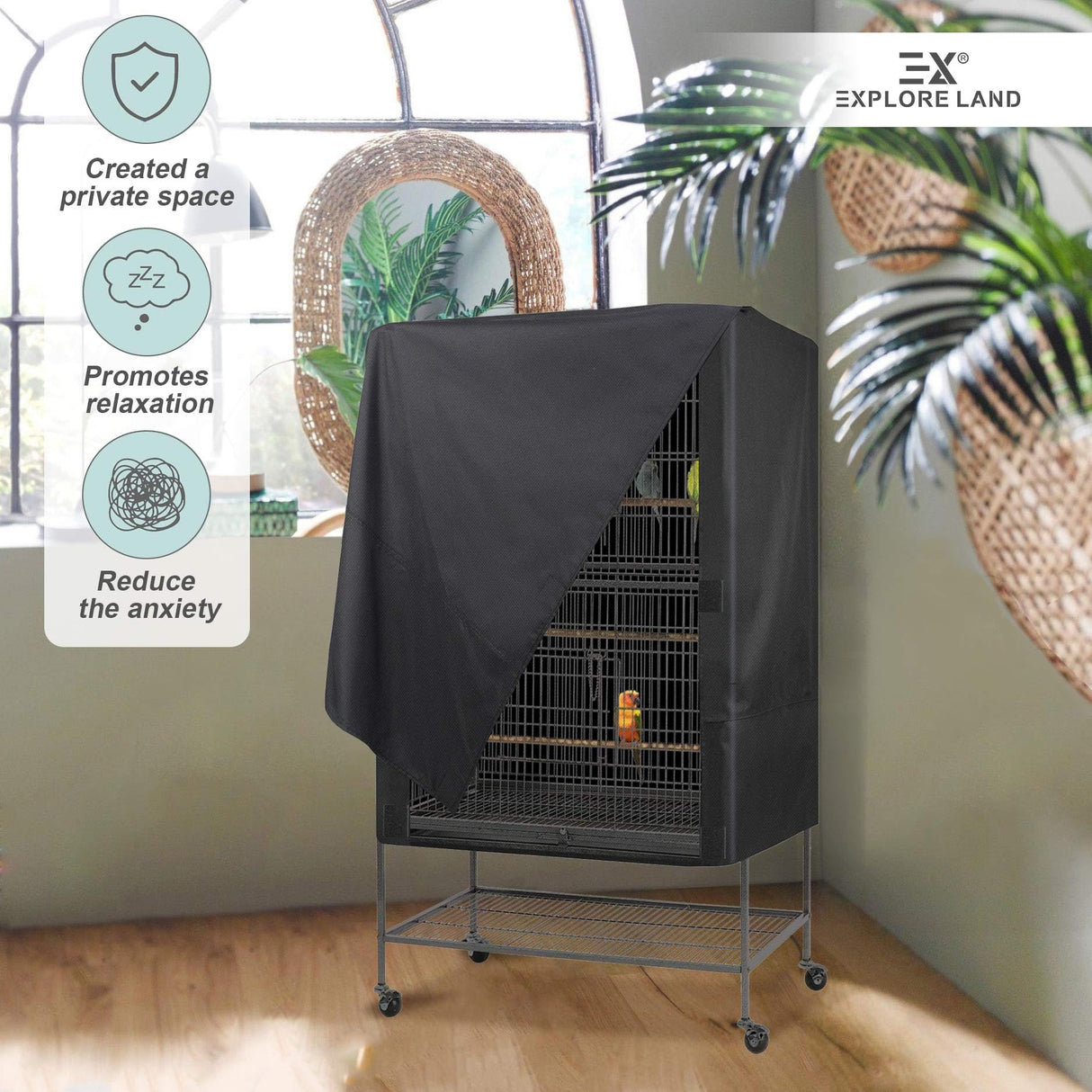 Explore Land Bird Universal Pet Cage Cover Good Night for Cats, Mink, Totoro, Parakeet, Parrot and Small Animals (Black, L)