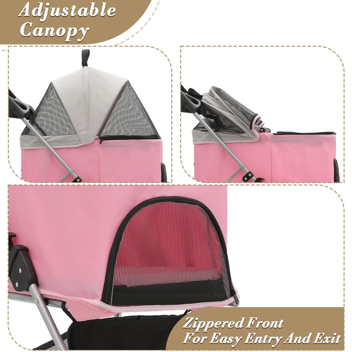 Athena Collection 4 Wheels Pet Stroller for Medium Dogs 33 Lbs Puppy Cat Pet Dog Stroller with Detachable Carrier, Cup Holder Tray, Bottom Storage, Pink