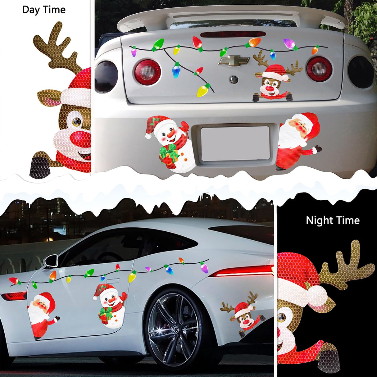 44PCS Christmas Car Refrigerator Decorations - Reflective Bulb Light Santa Reindeer Tree Snowman Magnet Accessories Set Xmas Holiday Cute Decor
