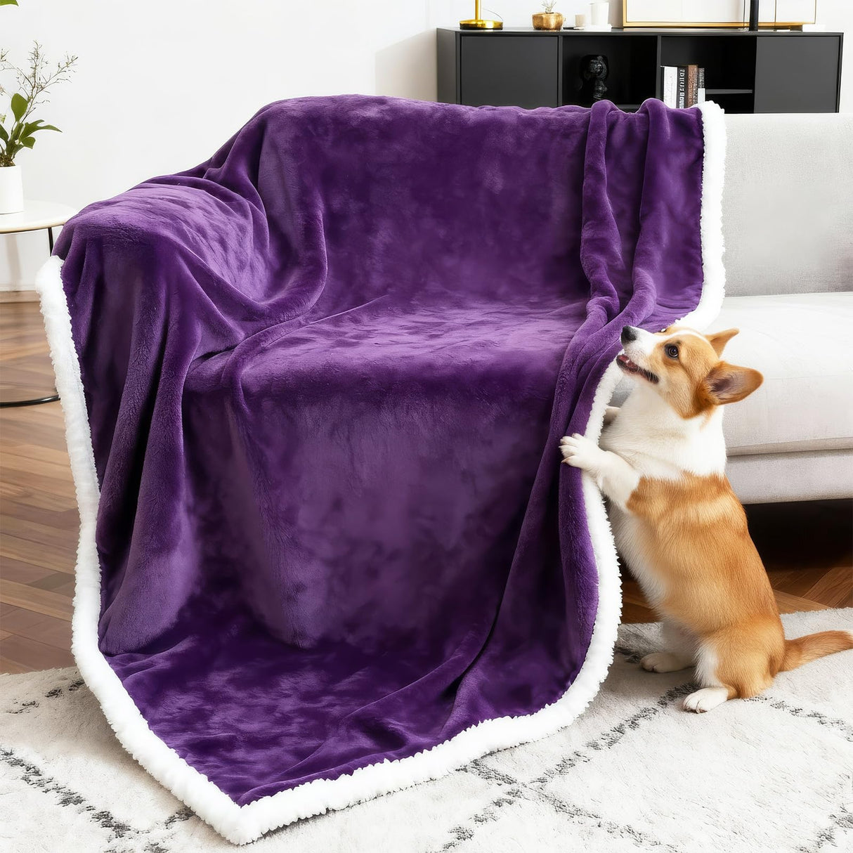 BoxZone Waterproof Dog Blanket for Couch – Double Sided Washable Cat Puppy Blanket, Durable Furniture Protector for Dogs and Cats, Purple White L(60×50)"