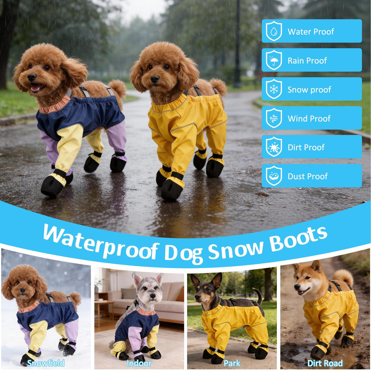 Dog Suspender Booties, Dog Rain Boots with Suspender, Breathable Waterproof Pets Boots, Adjustable Dogs Paws Boot Rain Shoes Leggings for Snow and Rain Days Small to Medium Dogs (Yellow, L)