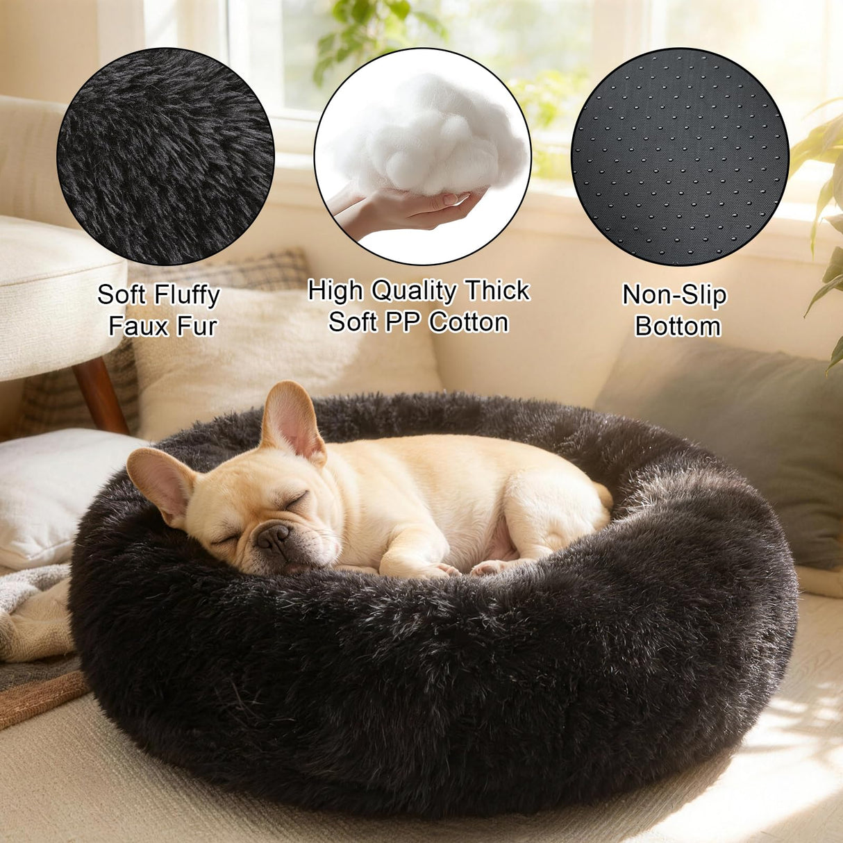 Dog Calming Beds for Small Medium Large Dogs - Round Donut Washable Puppy Dog Bed, Anti-Slip Faux Fur Fluffy Donut Cuddle Anxiety Cat Pet Bed(20" Black