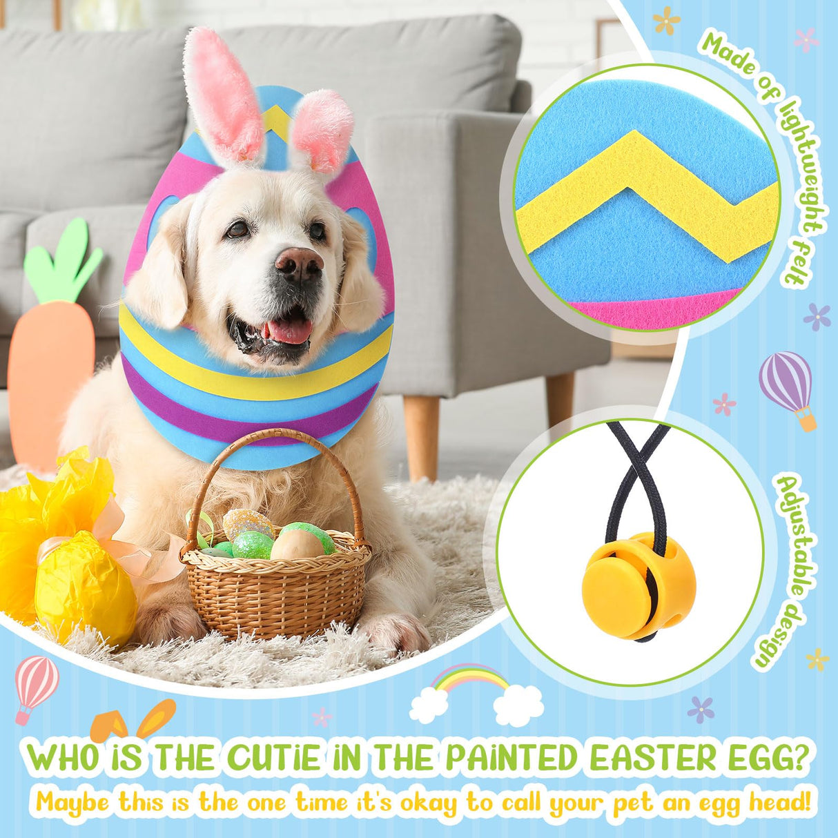Soulchen Cute Easter Dog Costume Adjustable Egg Dog Shaped Hat Headwear for Easter Party Pets Cats Festive Bunny Ears Decorative Accessory for Puppy Holiday Dress up(Large)
