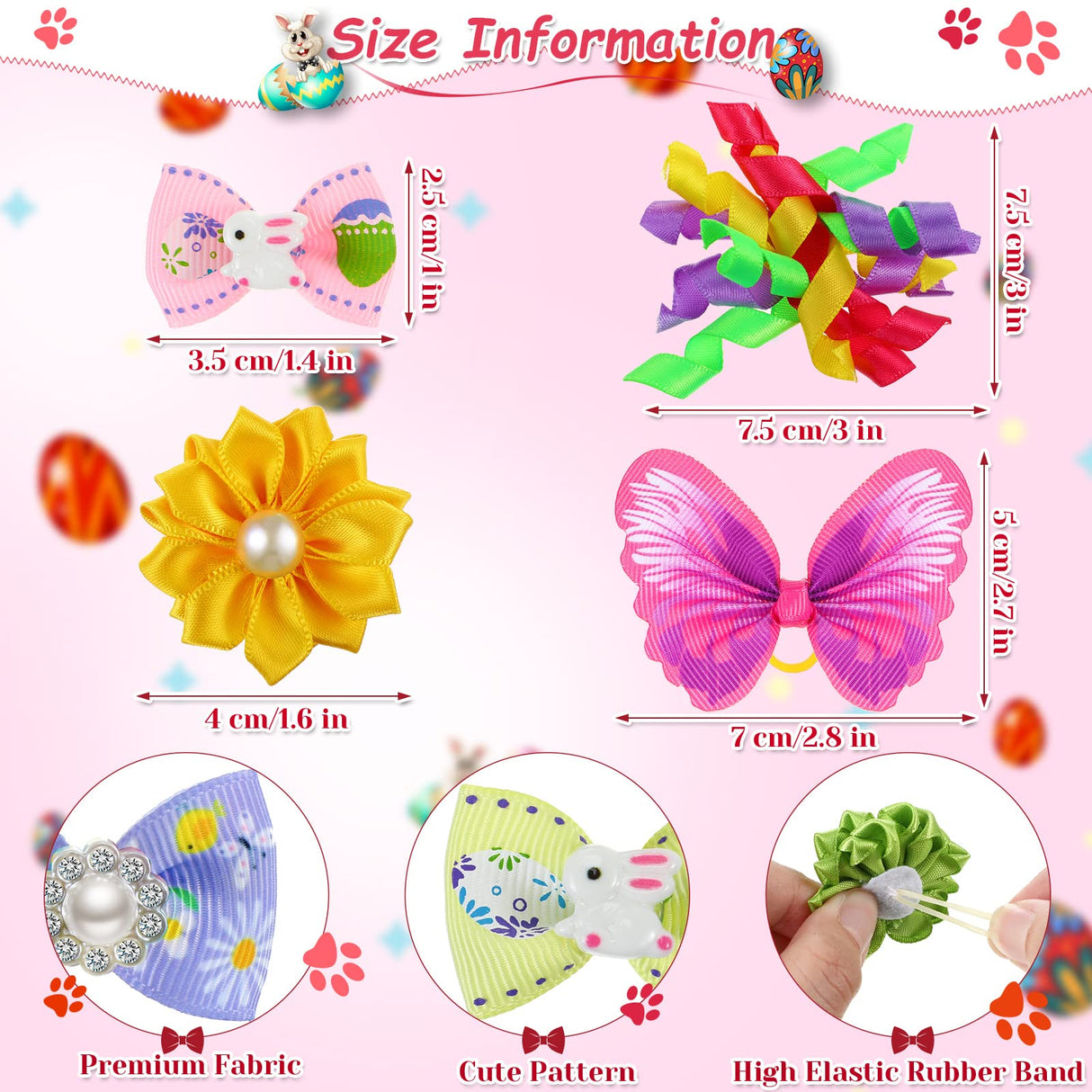 MTLEE 50 Pcs Easter Dog Bows Dog Hair Bows Bulk Easter Grooming Cute Rabbit Pattern with Rubber Bands Puppy Yorkie Cat Bunny Butterfly Topknot Rhinestone Pearl Girl Accessories
