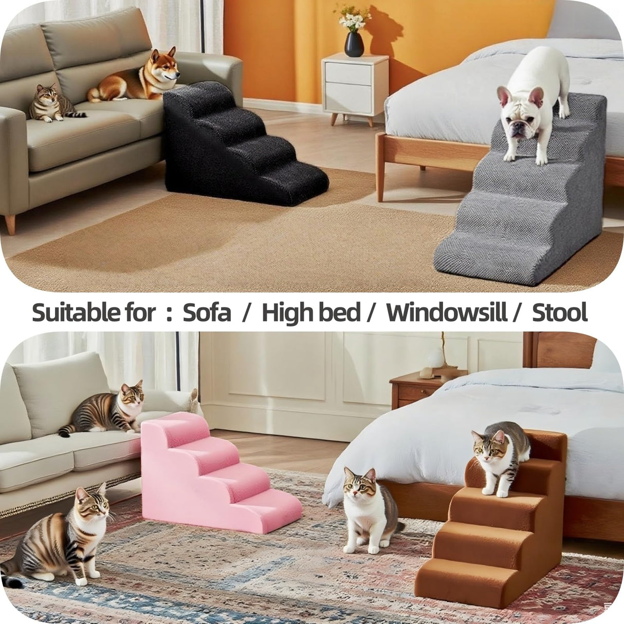 5 Step Pet Stairs Ramp for High Beds Sofas 23-30 Inch with Sturdy Non Slip Waterproof Pads, Machine Washable Cover Indoor Balanced Design for Cats Dogs Small Medium Large XL Pets Pink, Large