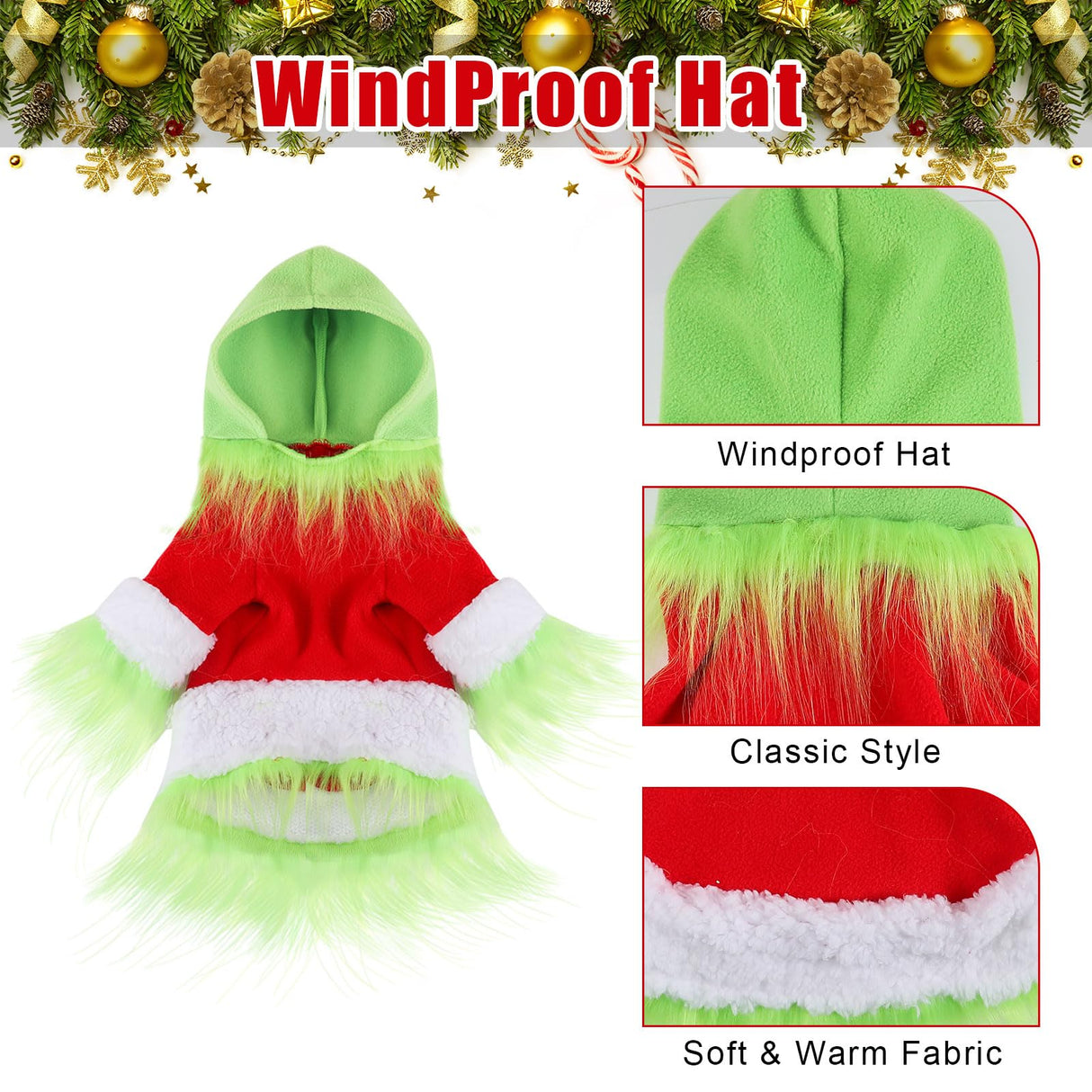 Abbylike Dog & Cat Christmas Outfit - Green Hoodie Shirt with Hat for Dogs & Cats - Cosplay Party as Shown