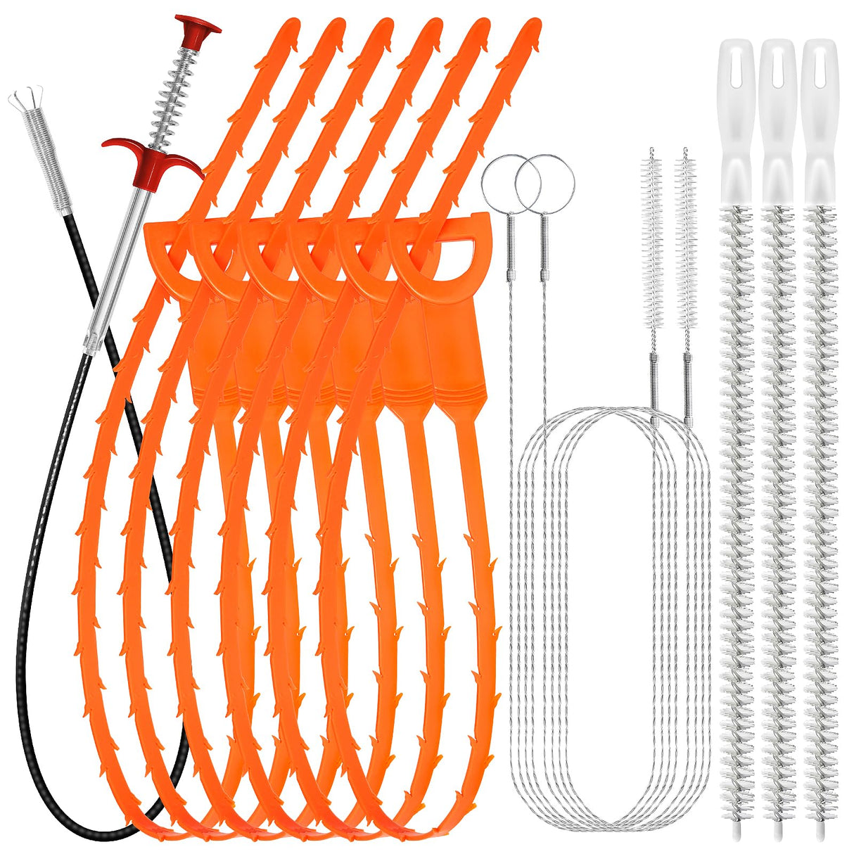 Drain Snake 12 Set: 25inch Snake Drain Hair Removal Tool(1PCS), 59inch Cleaning Brush(2PCs), 25inch Drain Clog Remover(6PCS), 18inch Sink Drain Brush(3PCS) For Bath Tub, Toilet, Kitchen Sink, Sewer