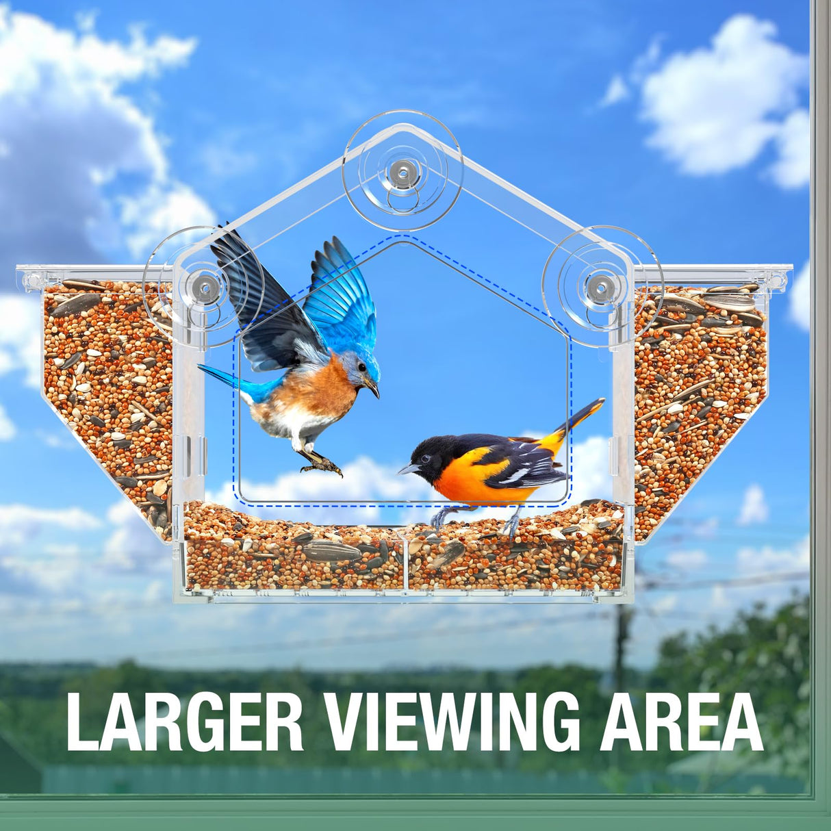 Window Bird Feeder, Clear Birdfeeder for Window Larger Viewing, Squirrel-Proof Bird Watching with Strong Suction Cup and Self-Adhesive, Large Food Storage Design