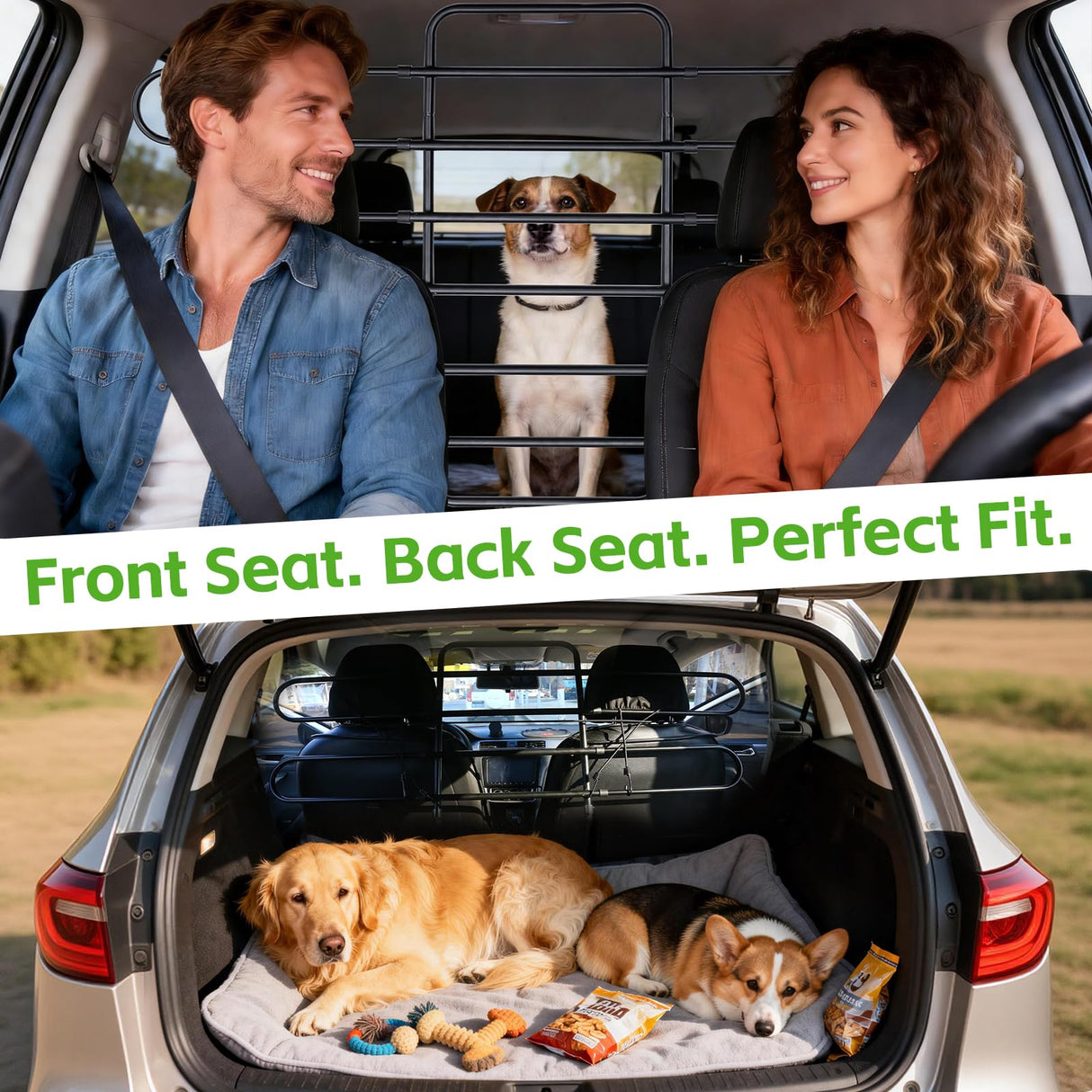 Metal Dog Barrier for Cars, SUVs, Trucks, Adjustable Universal Pet Gate Vehicle Divider for Back Front Seat, Heavy Duty Dog Separator for Car, Easy Install, 34"-58" Width, with Elastic 6 Ropes