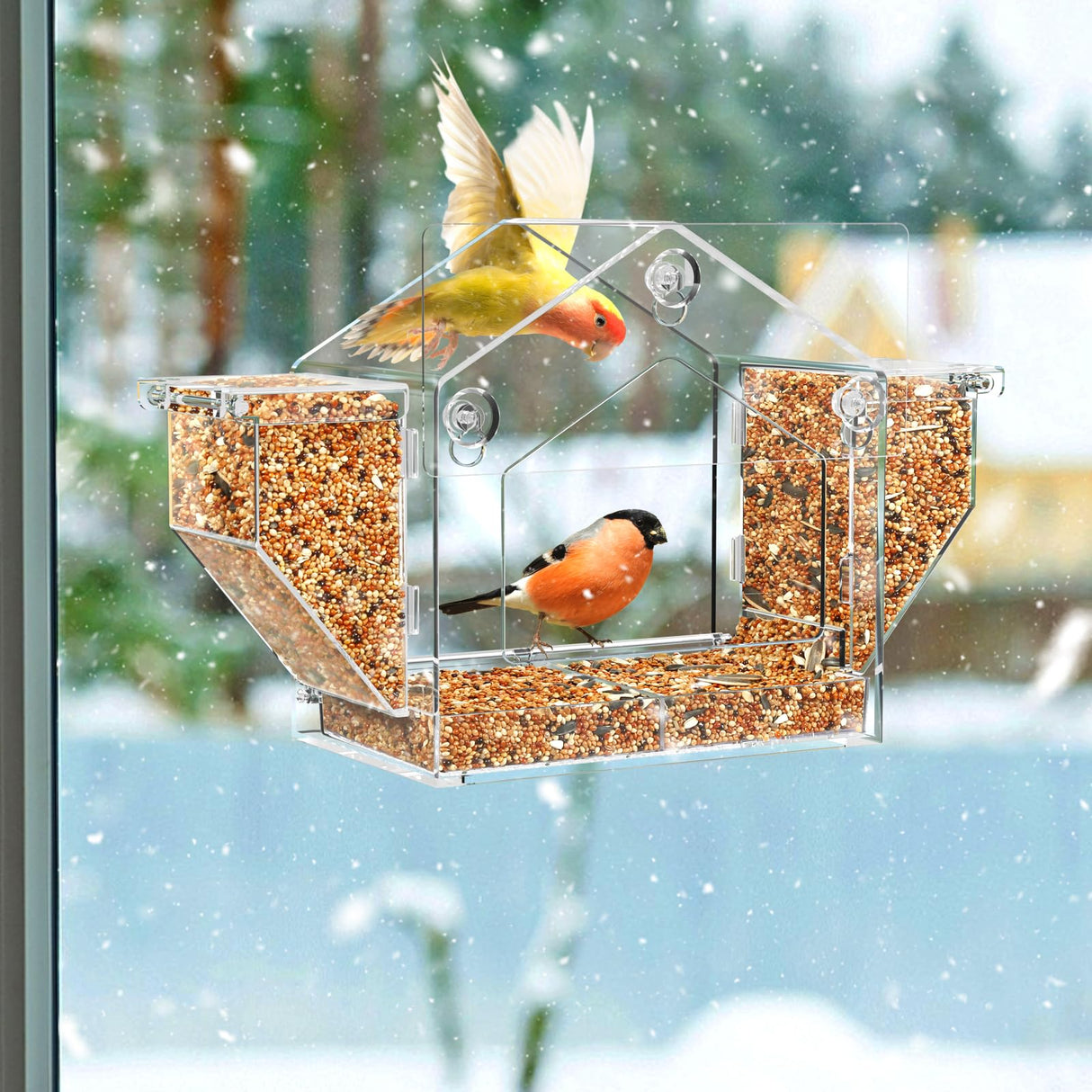 Window Bird Feeder, Clear Birdfeeder for Window Larger Viewing, Squirrel-Proof Bird Watching with Strong Suction Cup and Self-Adhesive, Large Food Storage Design