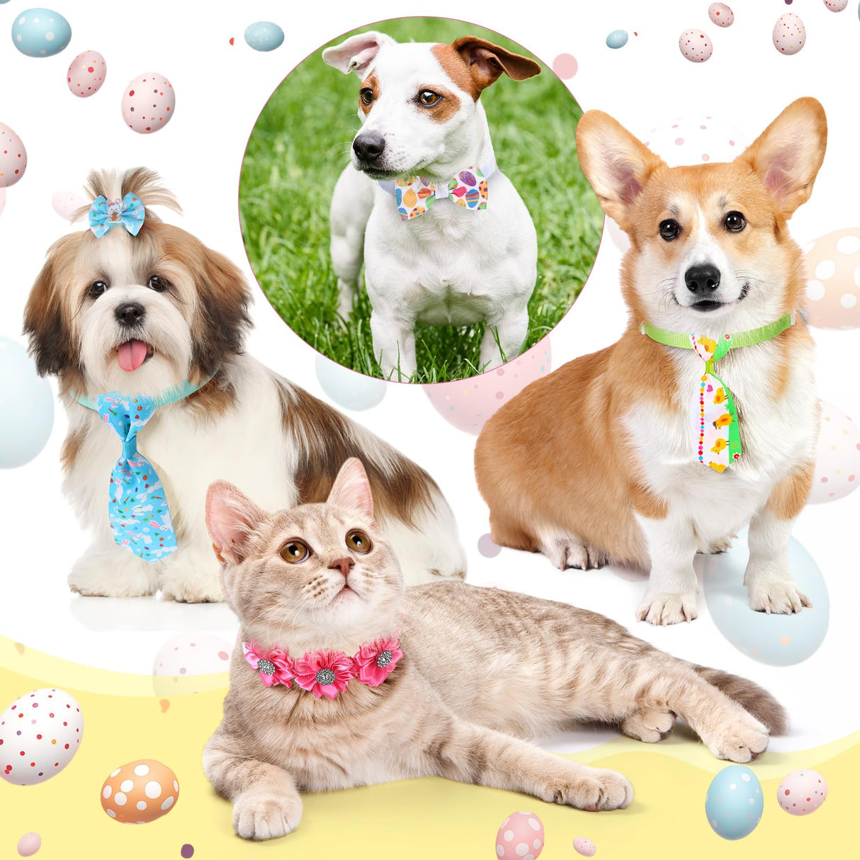 Reginary 70 Pcs Easter Dog Bow Ties Collar Set Adjustable Grooming Hair Bows Rabbit Eggs Butterfly Rhinestone Pattern Neckties for Spring Easter Puppy Cat Supplies