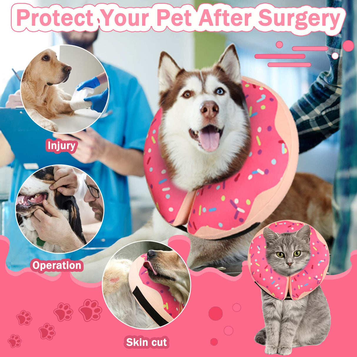 Inflatable Cone Collar for Large Medium Small Dogs, Soft Adjustable Recovery Collar for Dogs Cats,Dog Cone Neck Donut Alternative After Surgery(Pink,Large