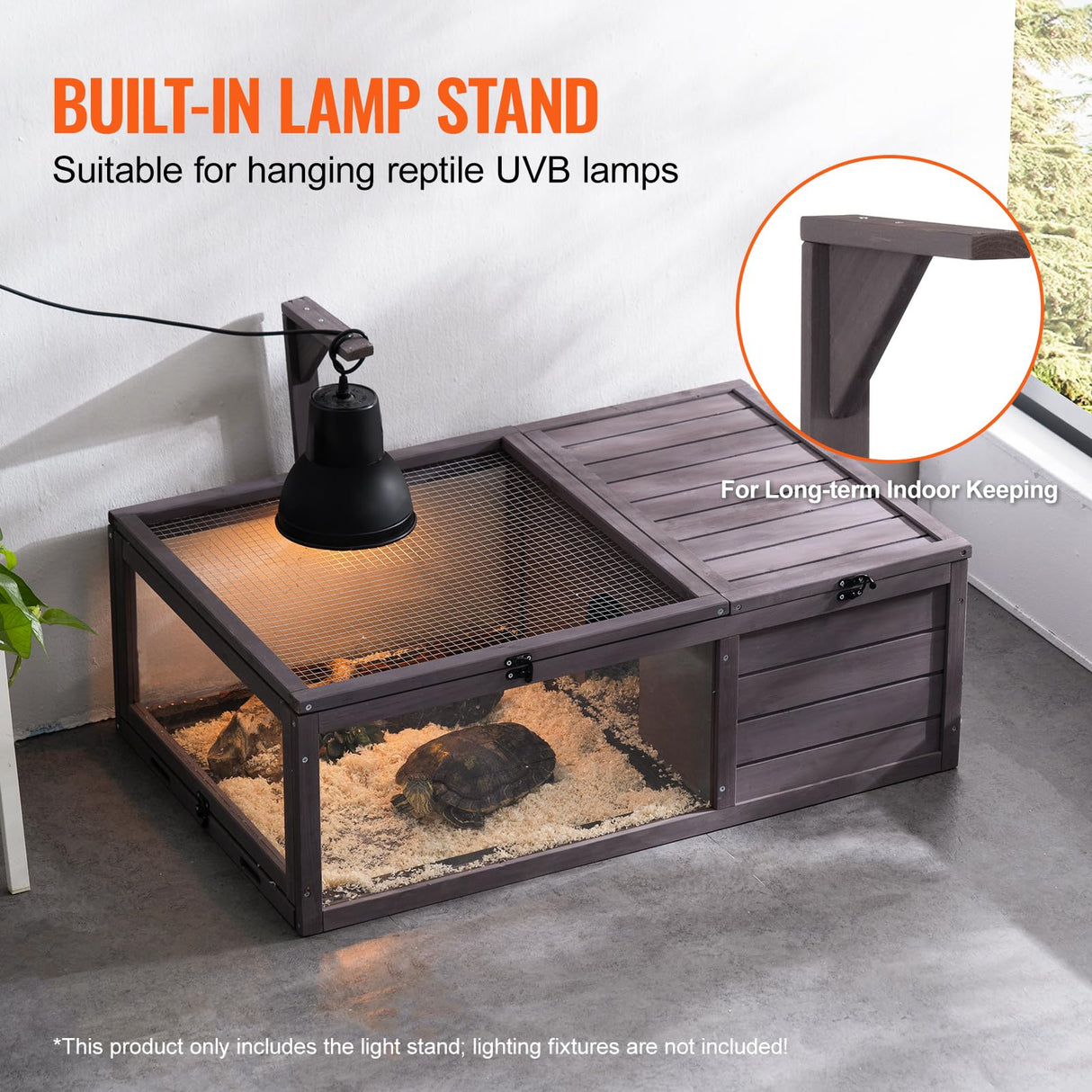 VEVOR Wooden Tortoise House, Indoor & Outdoor Tortoise Enclosure with Hanging Light Stand, 2-Room Reptile Enclosure Small Animal Cage for Gecko, Lizard, Snake - 38 x24 x13 inch