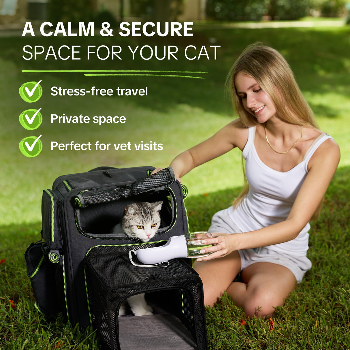 Cat Carrier Backpack for Travel & Car with Seat Belt Safety System, Expandable Pet Carrier for Cats & Small Dogs up to 25 lbs, Breathable, Durable, Foldable, Travel Friendly