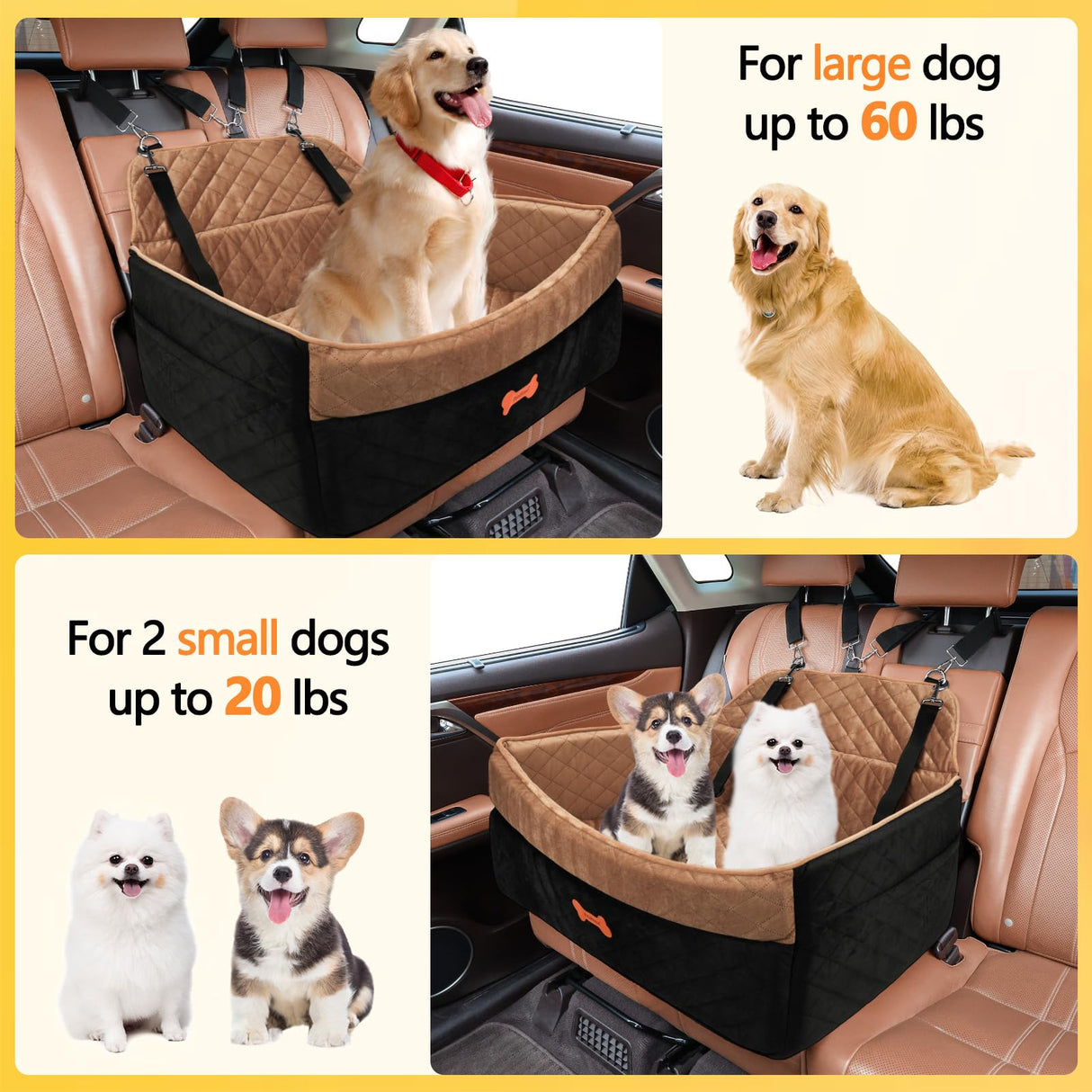 PetsHome Dog Car Seat for Medium Large Dogs, Detachable Washable Pet Booster Seat with Memory Foam Cushion, Side Pockets, 2 Clip-On Safety Leashes Pet Car Seat for Dog Up to 60 lbs/2 Small Dogs-Brown