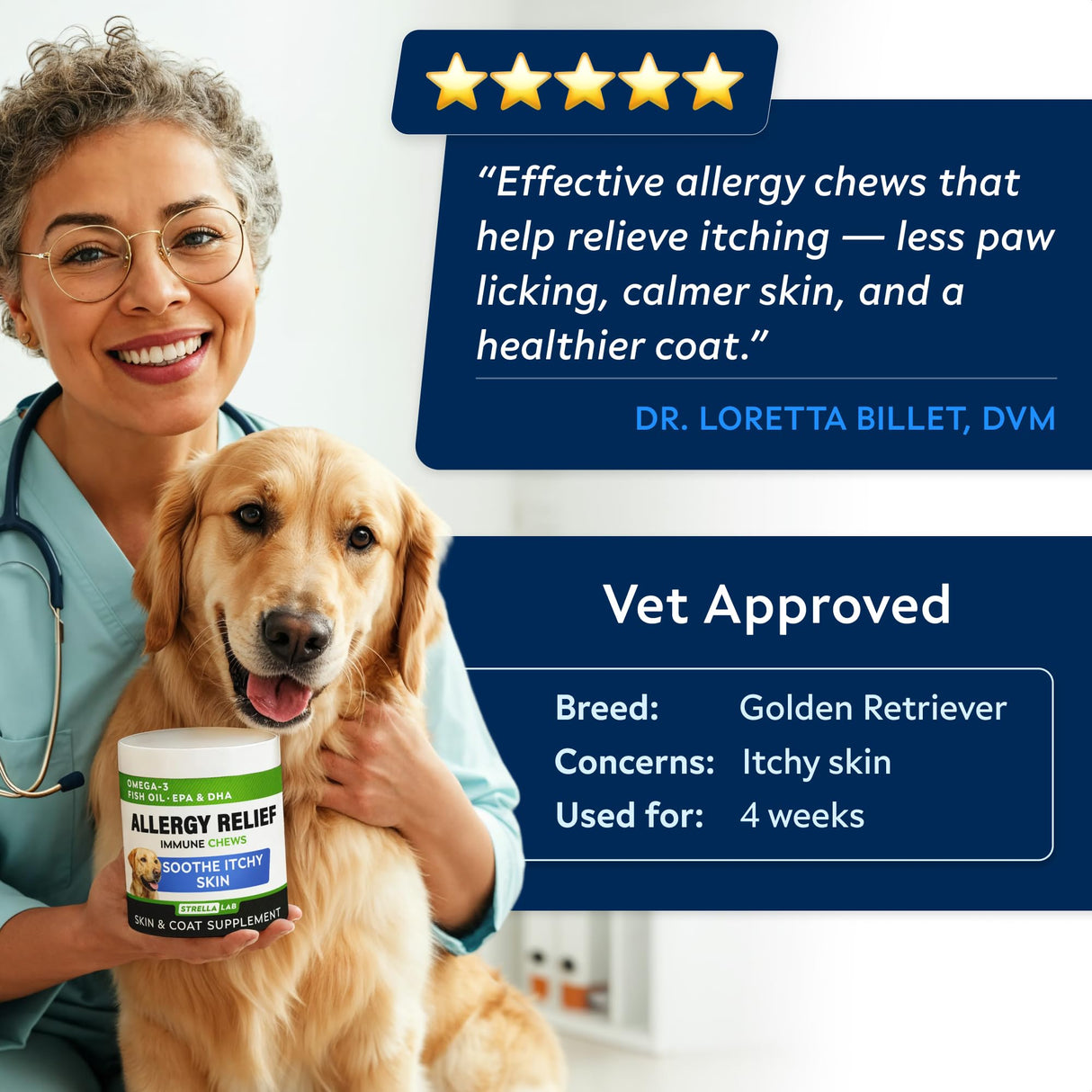 StrellaLab Dog Allergy Relief & Anti Itch Support Chews w/Omega 3: Real Ingredients, Real Taste! Skin & Coat Immune Supplement w/Fish Oil, Pumpkin & Enzymes — Developed by Experts - Made in USA -120Ct