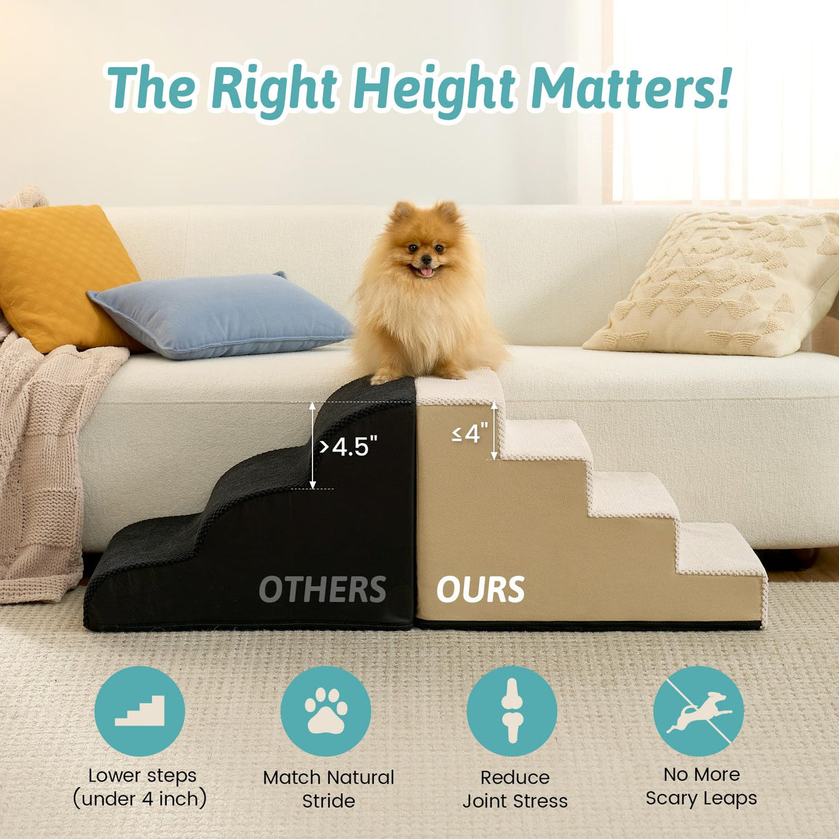 COZY KISS Dog Stairs for Small Dogs 15.7" H, 4-Step Gentle Incline Pet Step for Couch Sofa, Non-Slip Right-Angle Dog Ramp for Puppy Doggie Senior Cats, 15.7x23.6x15.7 Inch, Beige